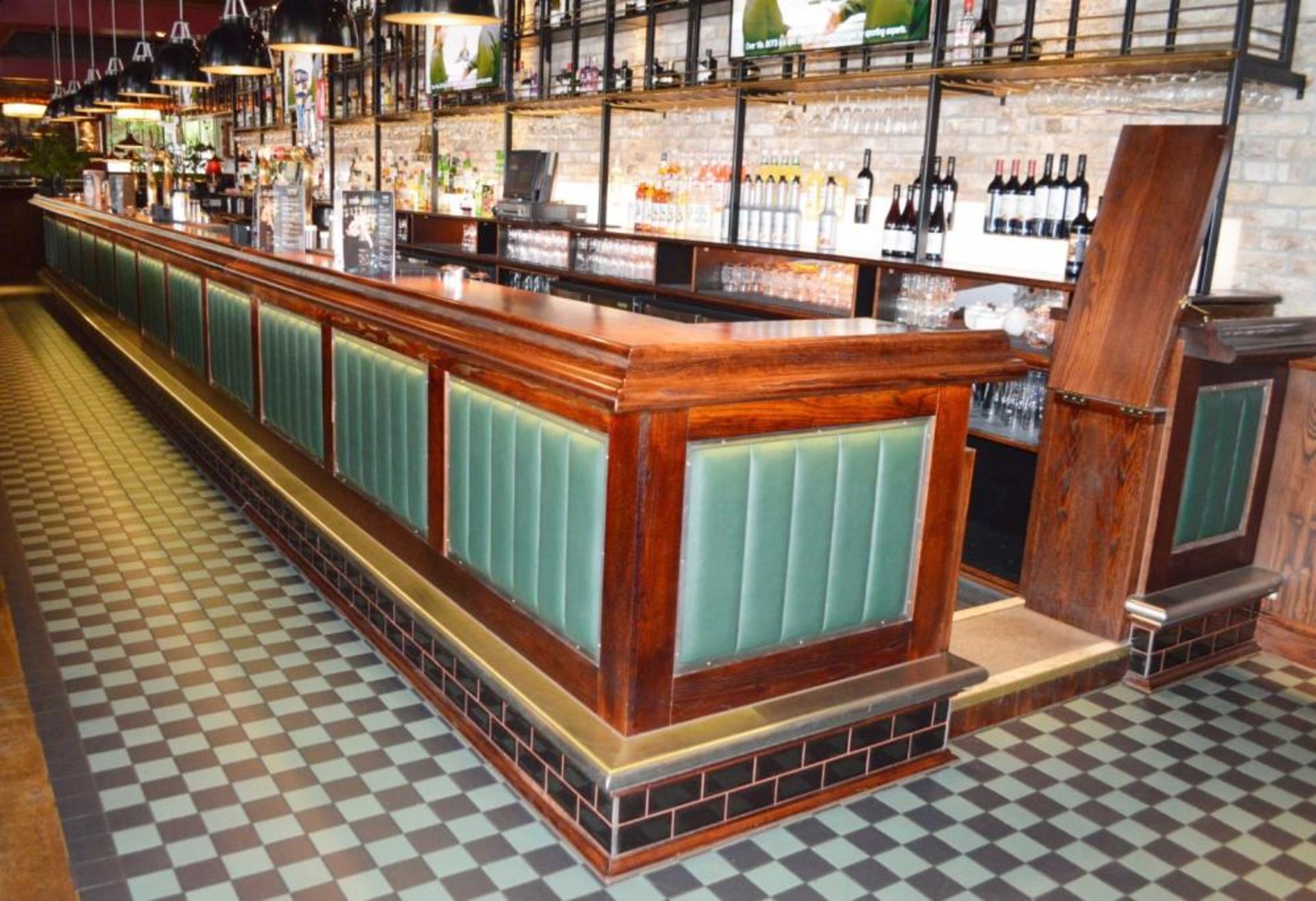 1 x Huge 50ft Pub / Restaurant Bar With Mahogany Finish and Green Leather Panels - Includes