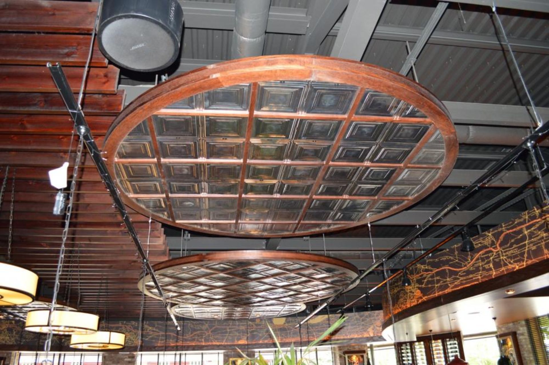 3 x Bespoke Suspended Round Ceiling Panels in Dark Wood With Glass Inserts - Approx 3 Meter Diameter - Image 6 of 6