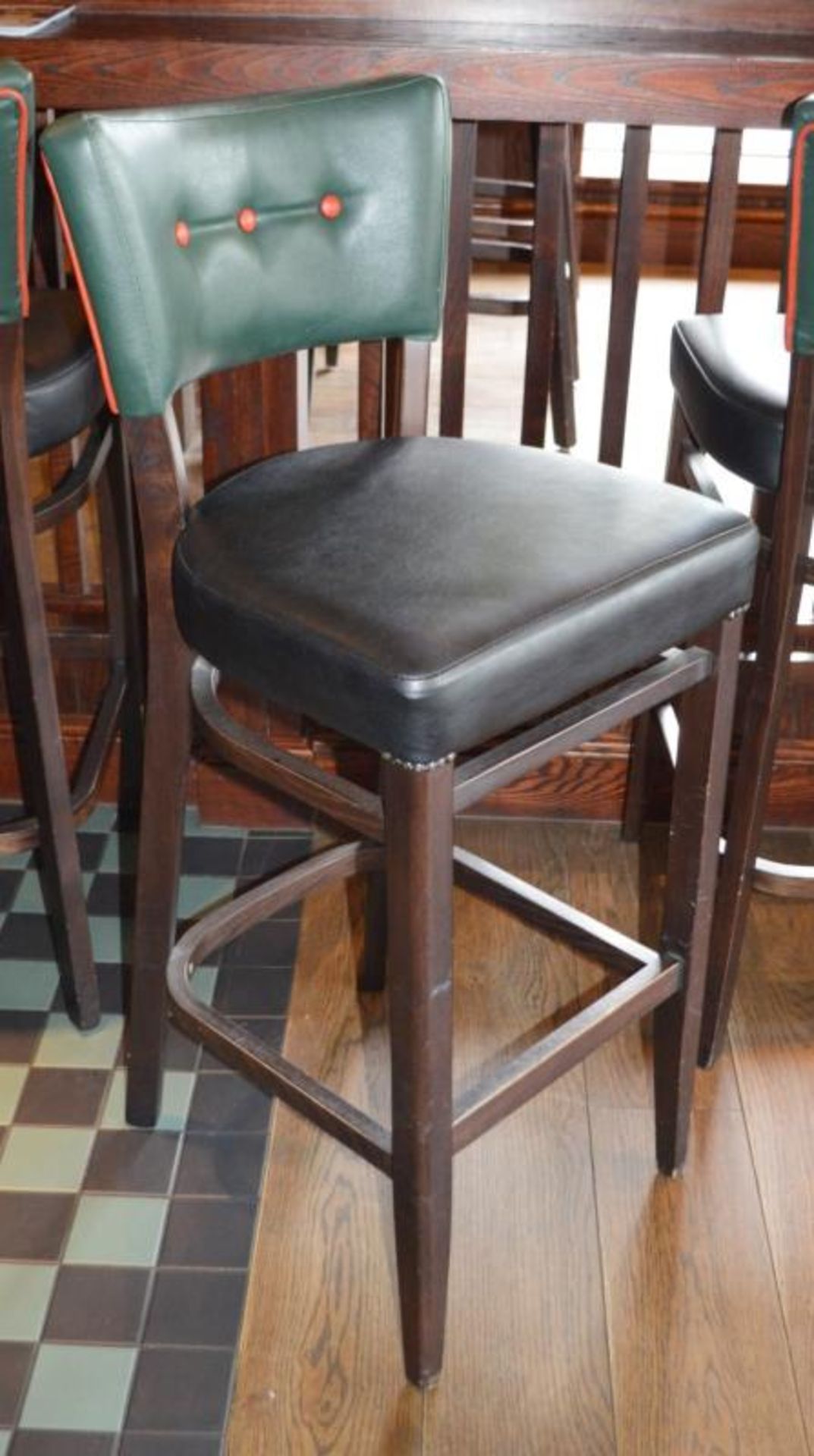 4 x Contemporary Button Back Restaurant Bar Stools - Upholstered in a Quality Green and Black Faux