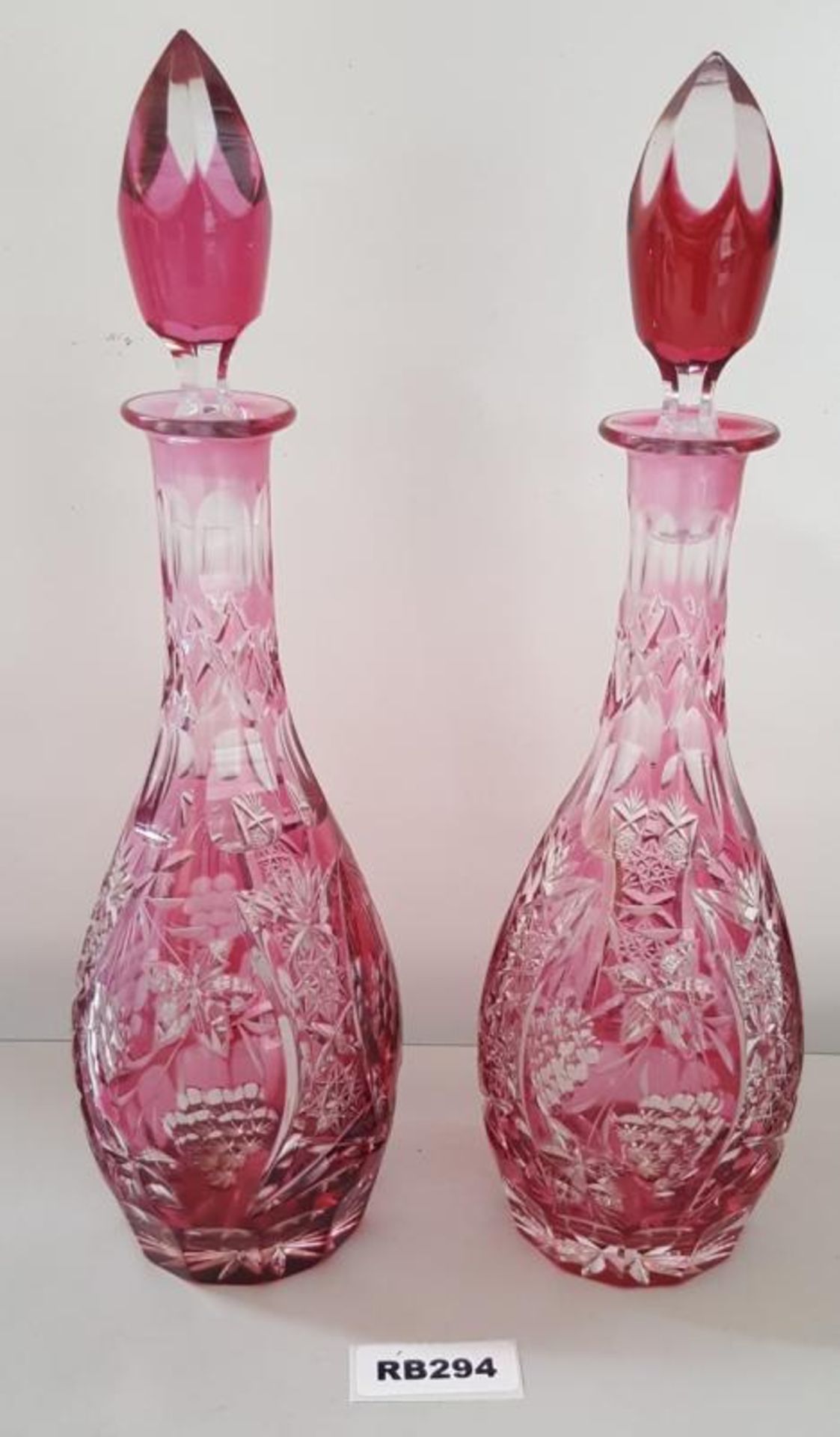 1 x Antique Matched Pair of Cut to Clear Cranberry Glass Decanters with Faceted Stoppers H38cm- Ref