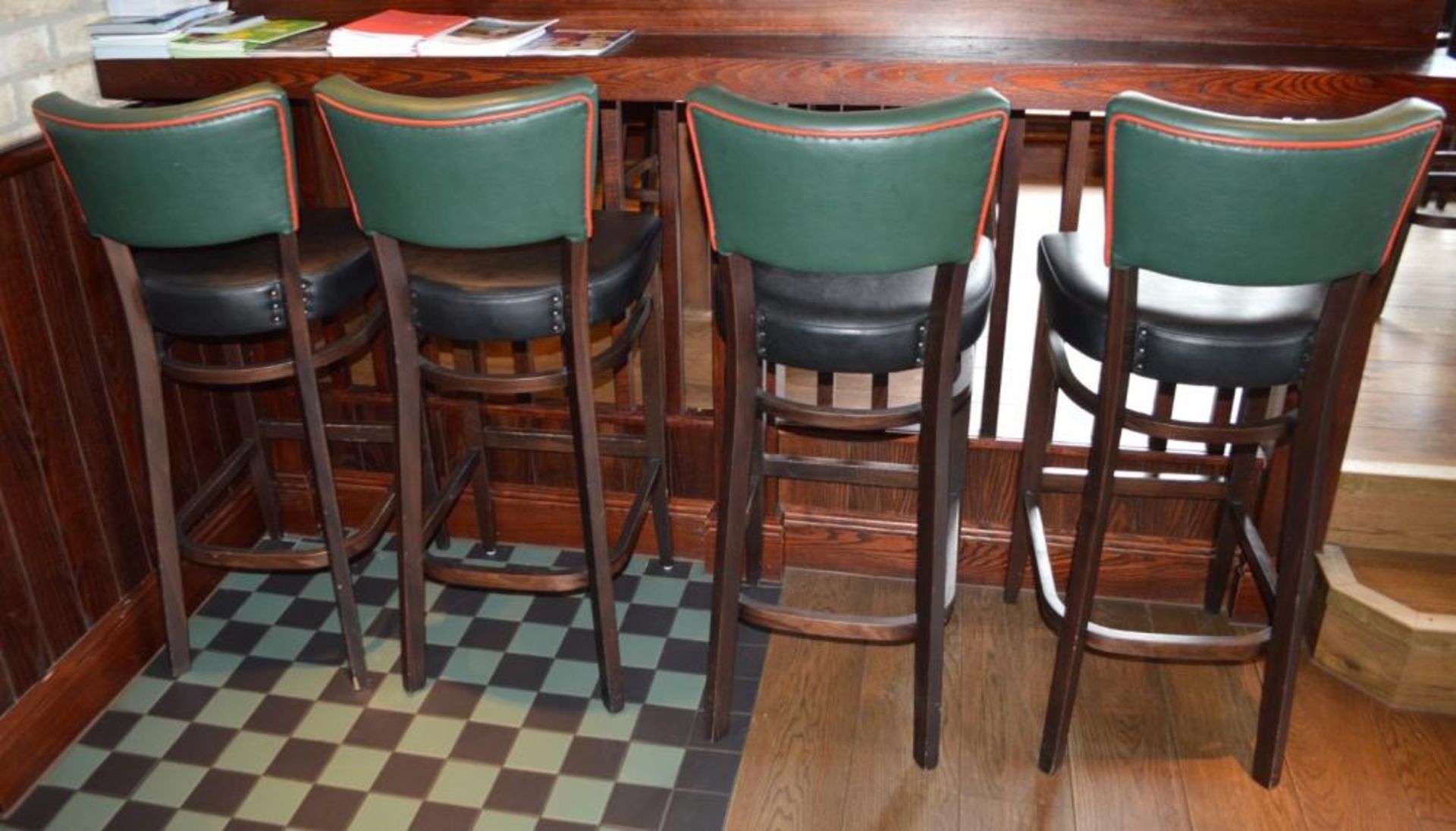 4 x Contemporary Button Back Restaurant Bar Stools - Upholstered in a Quality Green and Black Faux - Image 3 of 7