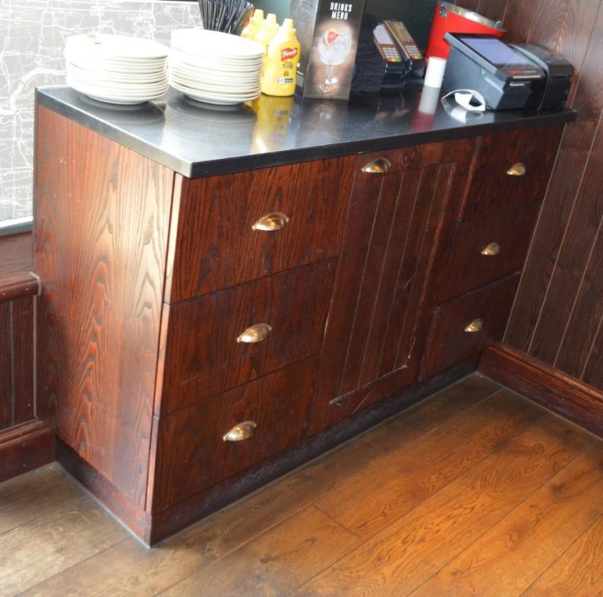 1 x Waitress Server Counter With Dark Wood Finish, Brass Hardware and Stone Top - H96 x W150 x D52