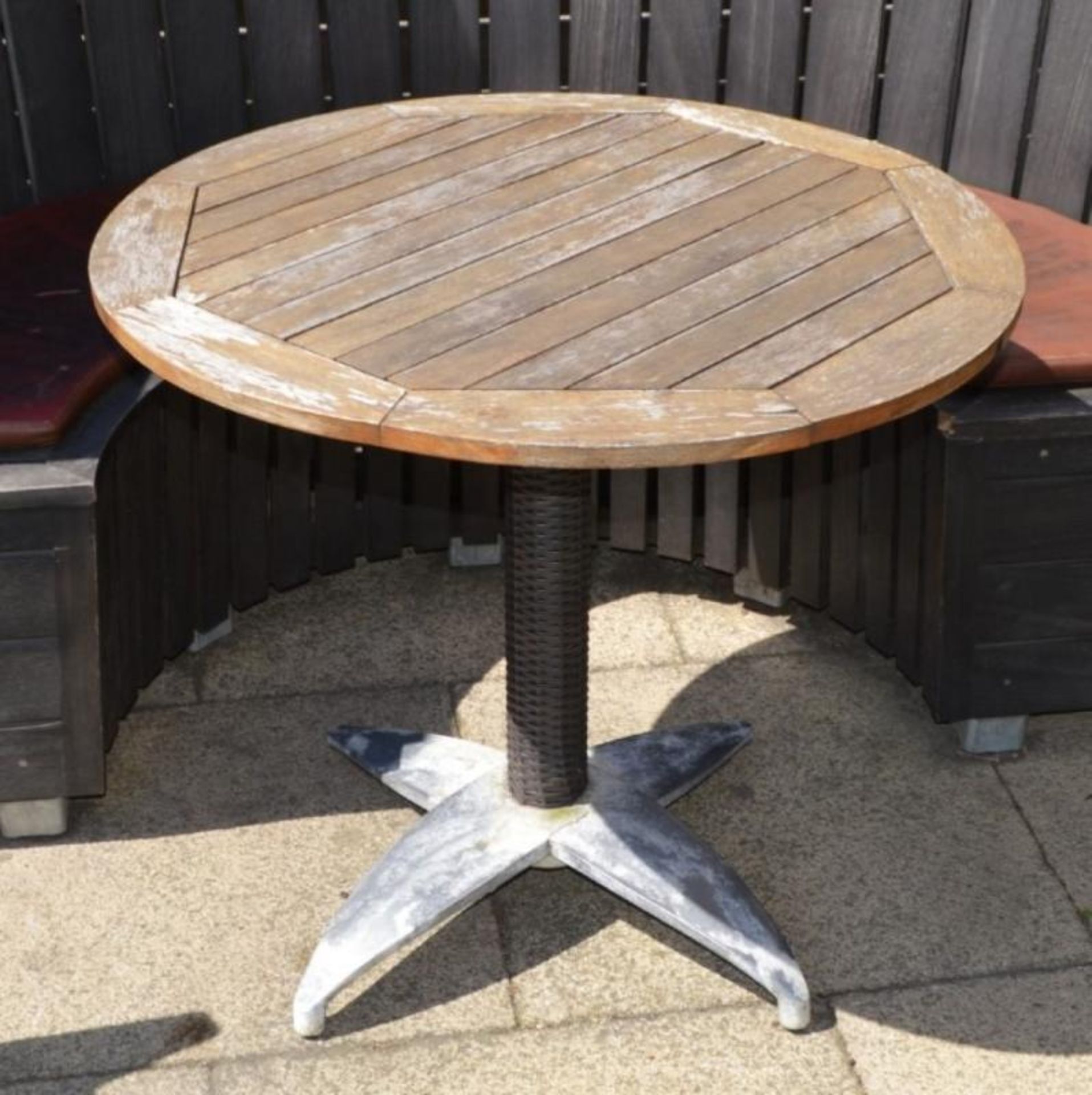 4 x Bistro Restaurant Garden Tables With 80cm Round Wooden Tops and Metal Bases - H72 x W80 cms -