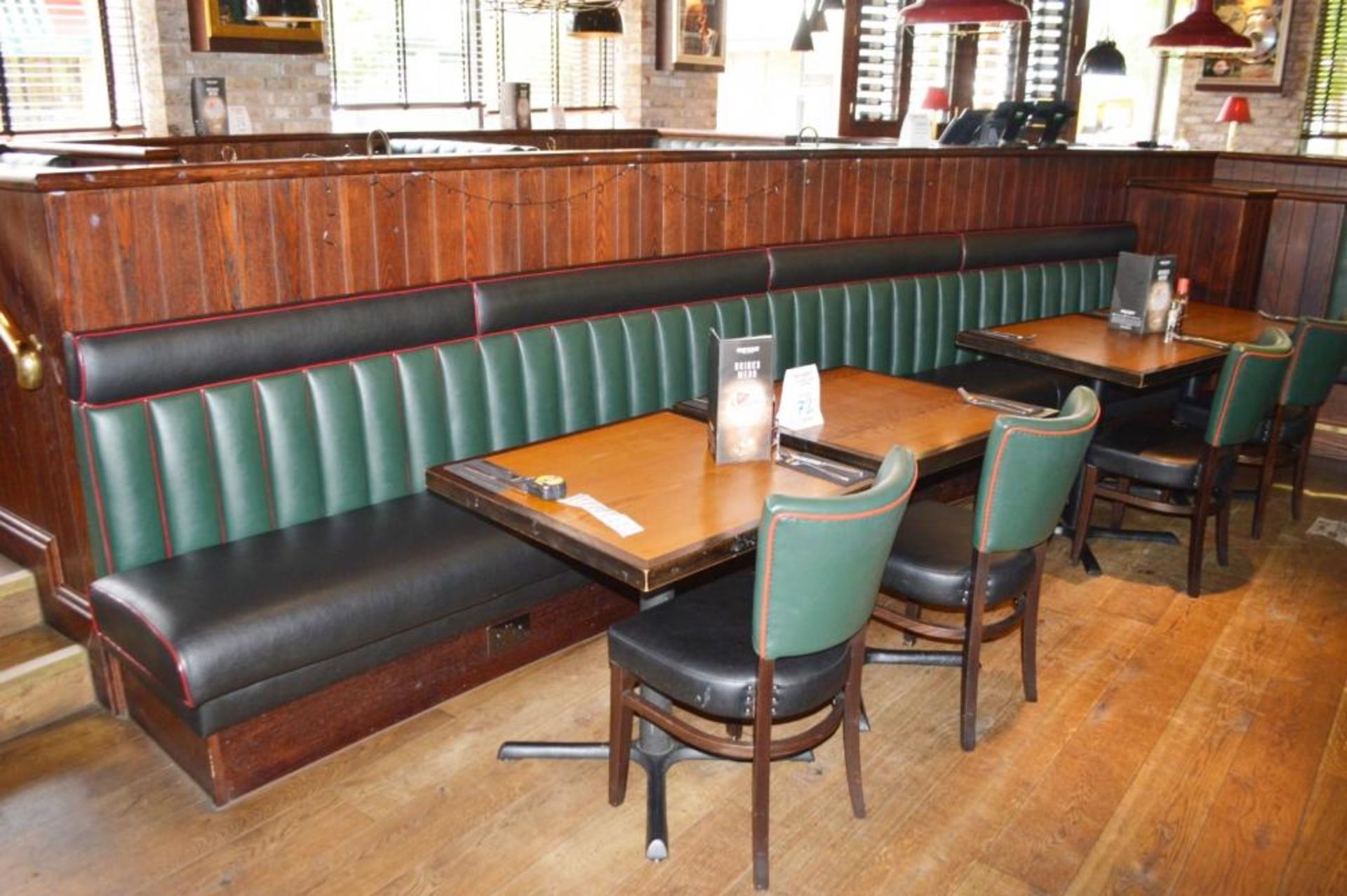 1 x Long Banquet Seating Bench - Features a Leather Upholstery With Green Backrests, Black Seat