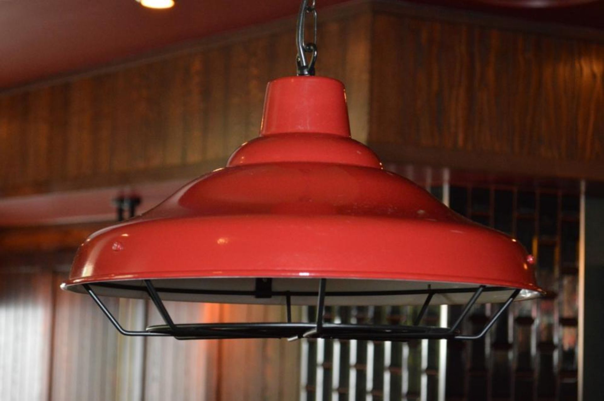 4 x Red Industrial Style Pendant Light Fittings With Black Chain and Cage - Manufactured by Northern - Image 3 of 7