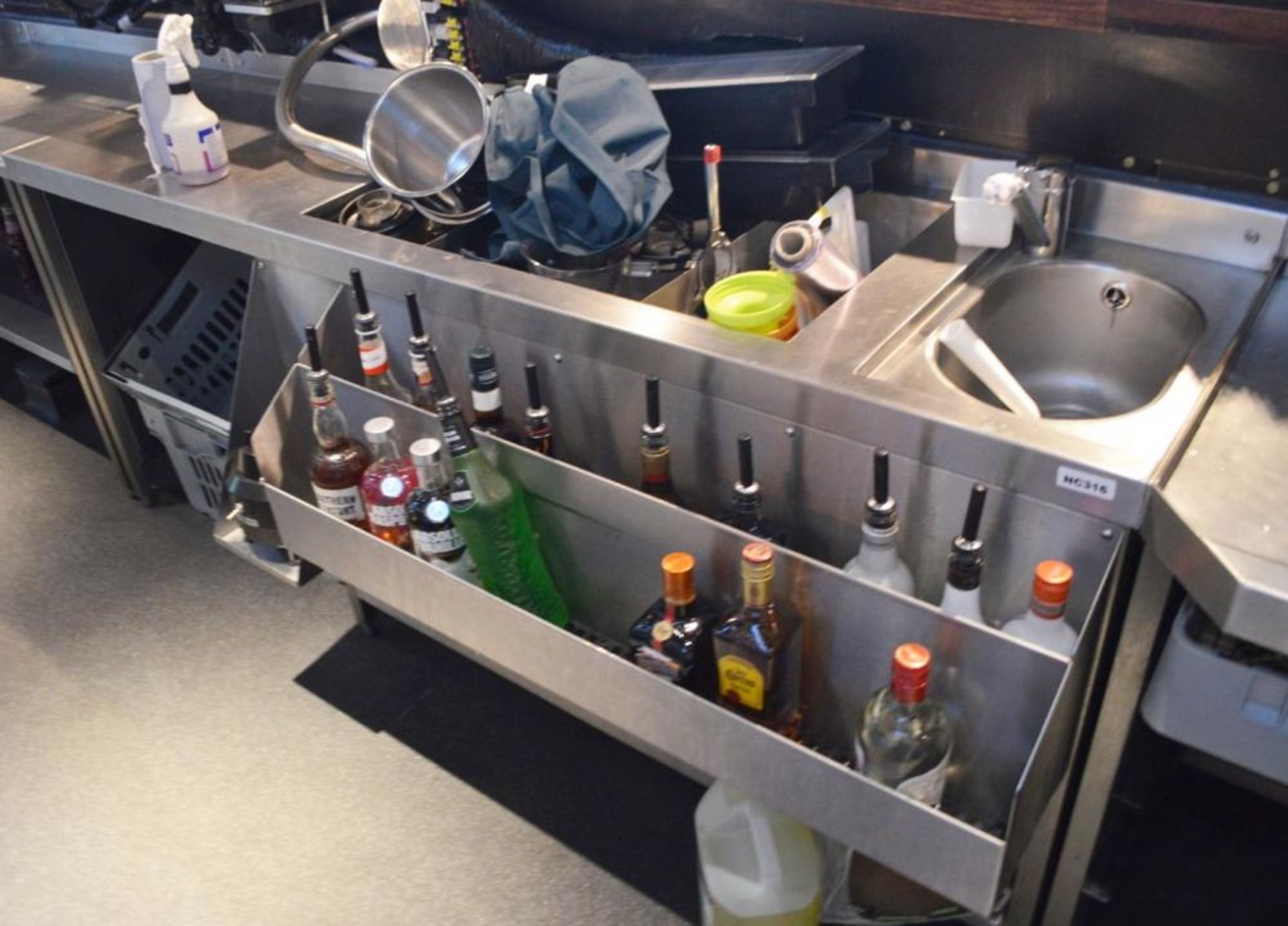 1 x Stainless Steel Back Bar Unit With Prep Area, Ice Well, Sink Basin, Mixer Tap, Blender Holder