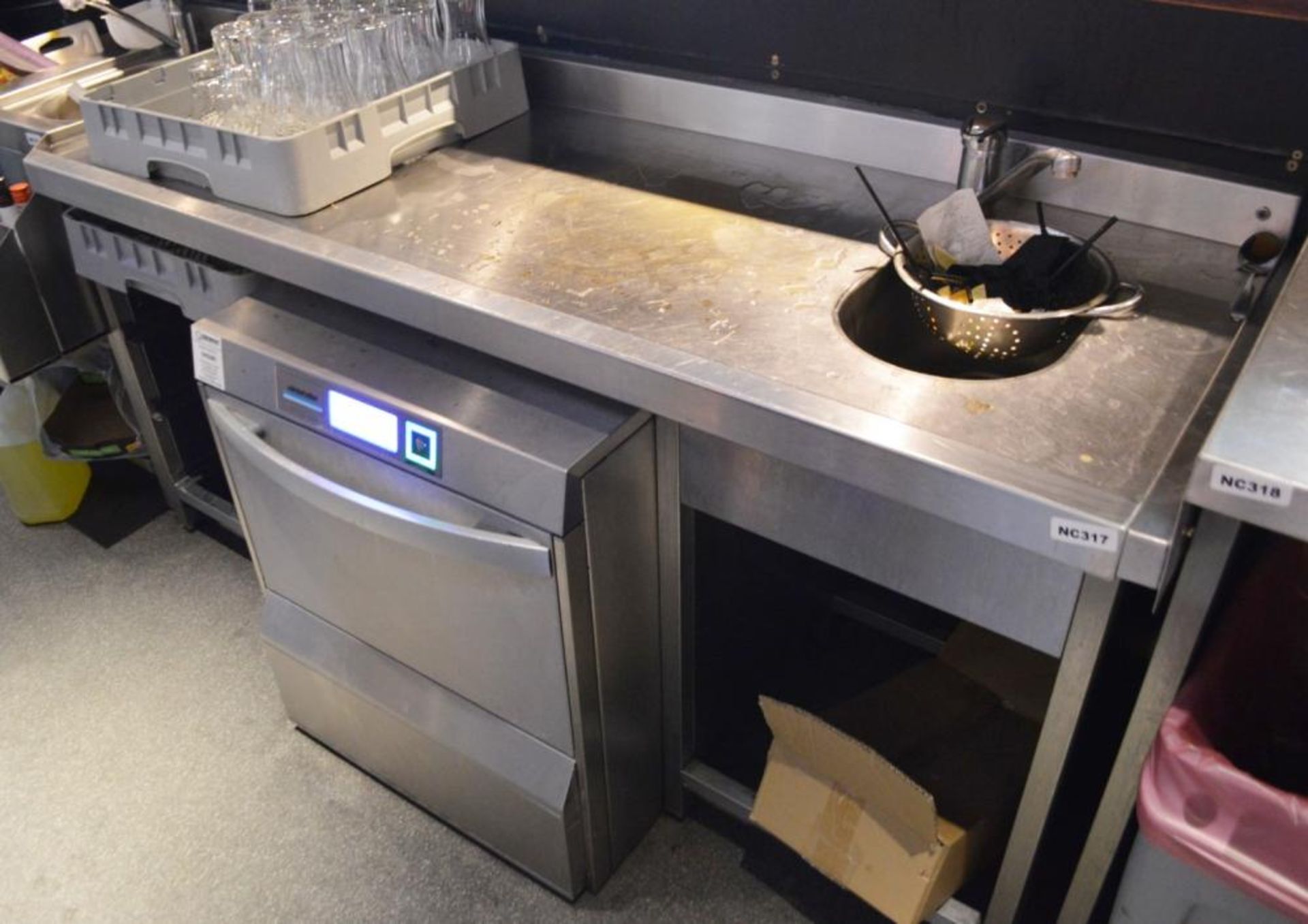 1 x Stainless Steel Back Bar Unit Anti Drip Dishwasher Table With Pot Tray Shelves and Sink Base