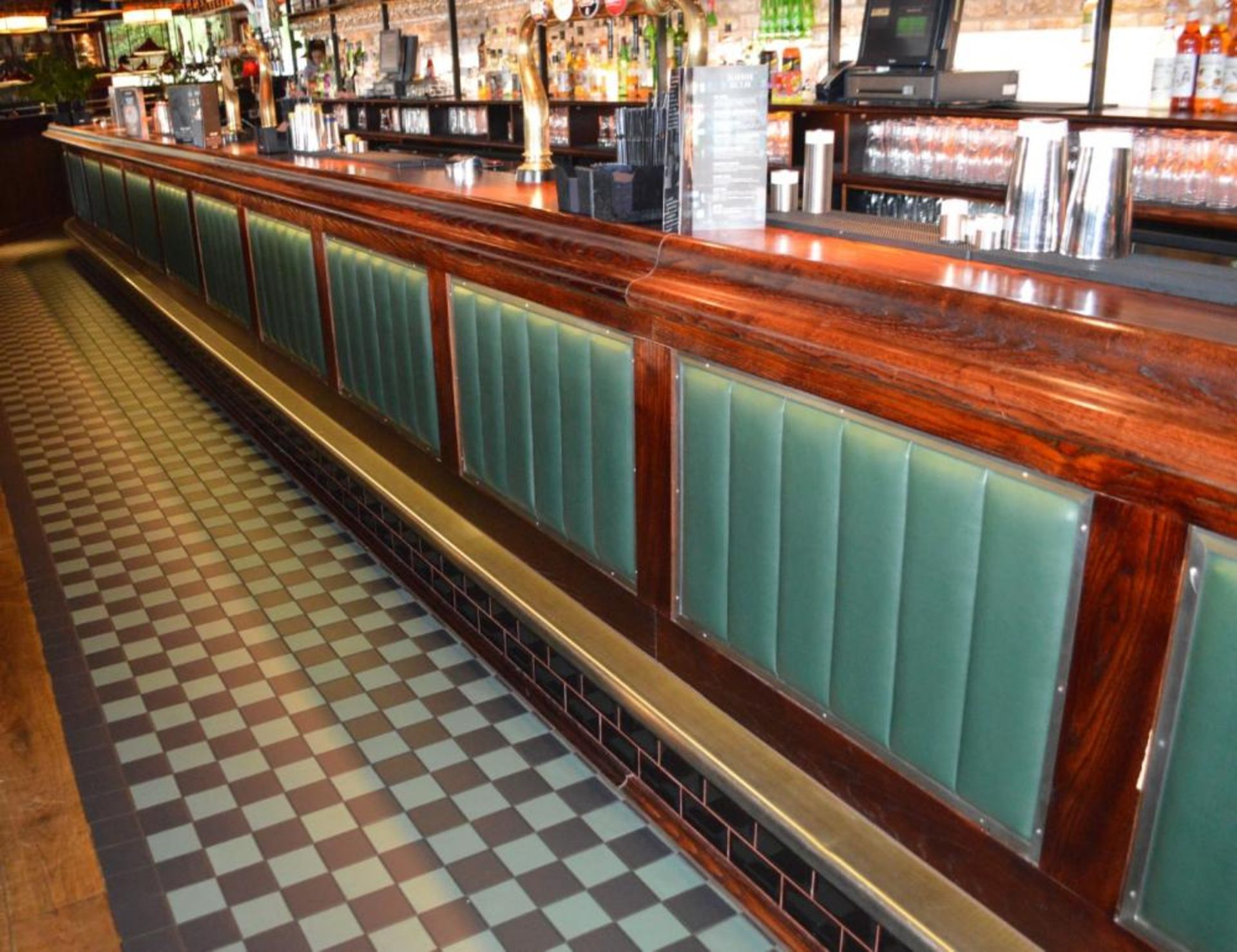 1 x Huge 50ft Pub / Restaurant Bar With Mahogany Finish and Green Leather Panels - Includes - Image 6 of 24