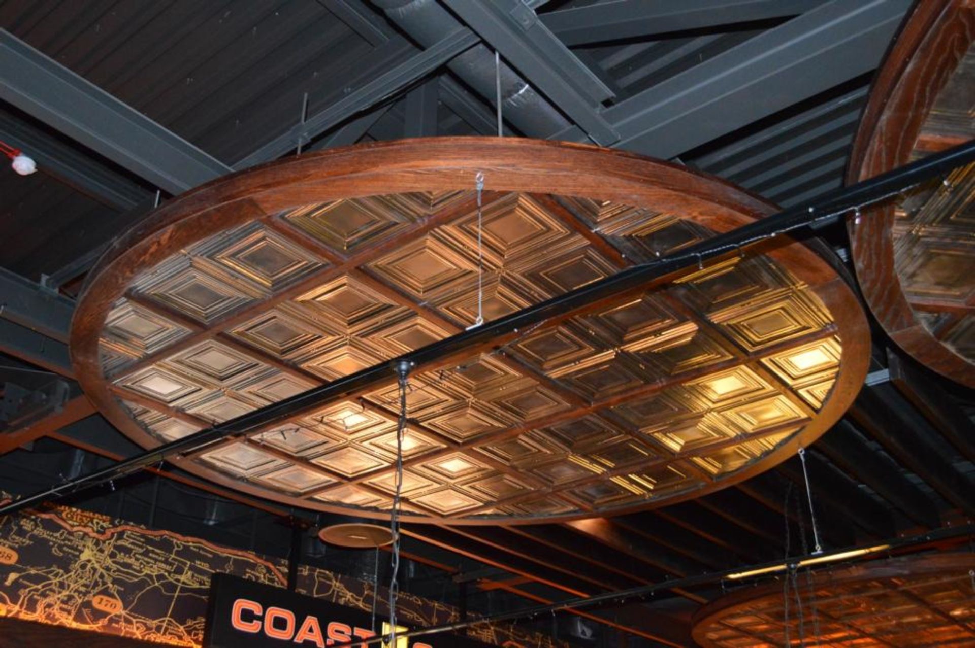 3 x Bespoke Suspended Round Ceiling Panels in Dark Wood With Glass Inserts - Approx 3 Meter Diameter - Image 5 of 6