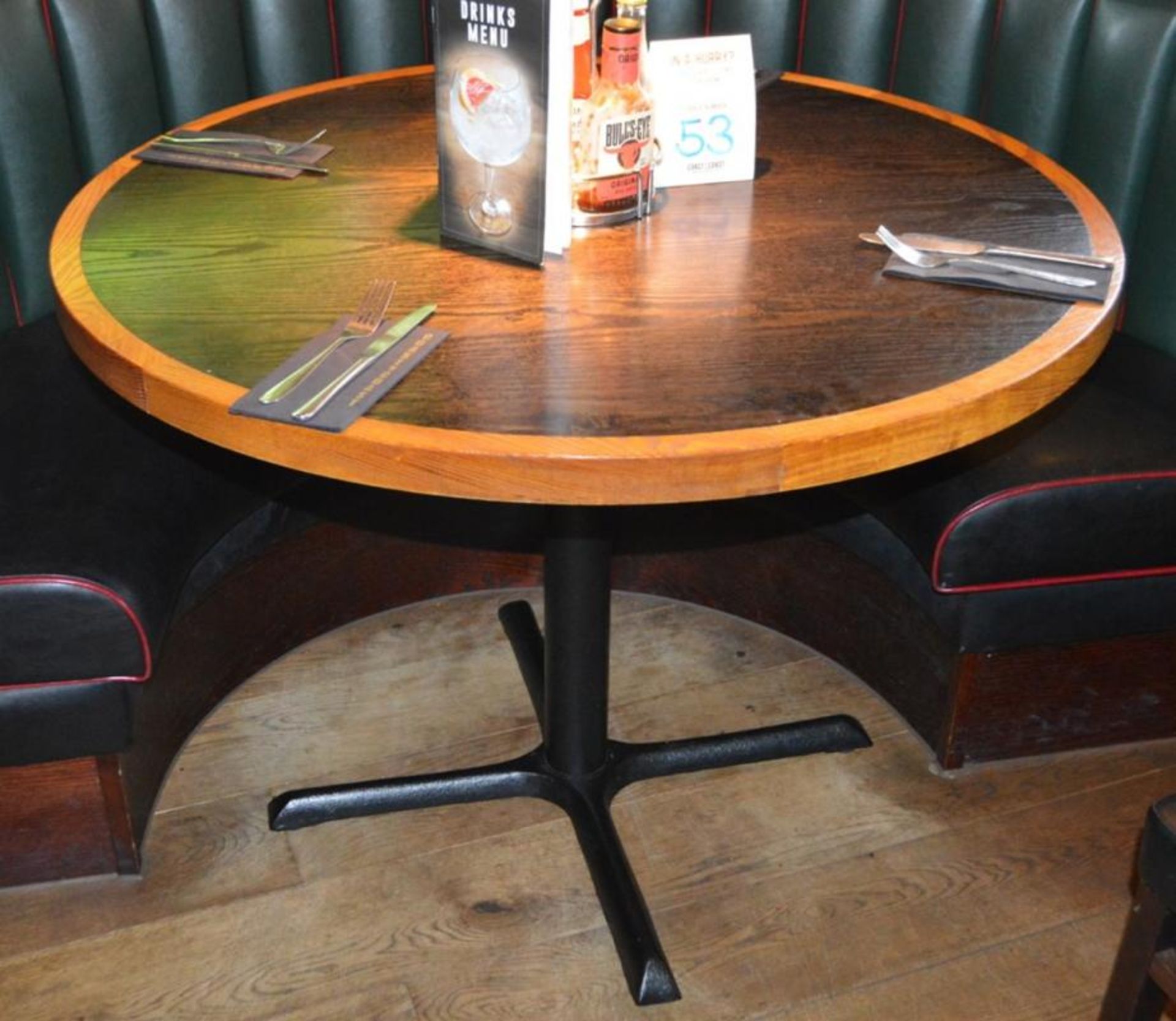 1 x Restaurant Dining Table With Cast Iron Base - Two Tone Wooden Finish With Shaped Edges - H76 x