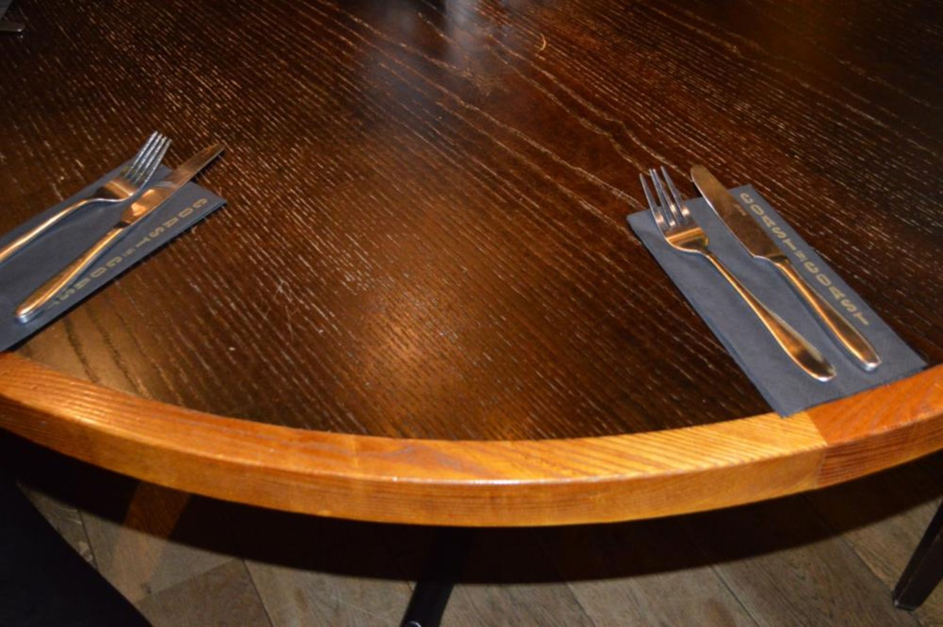 4 x Restaurant Dining Tables With Cast Iron Bases - Two Tone Wooden Finish With Shaped Edges - H76 x - Image 4 of 5