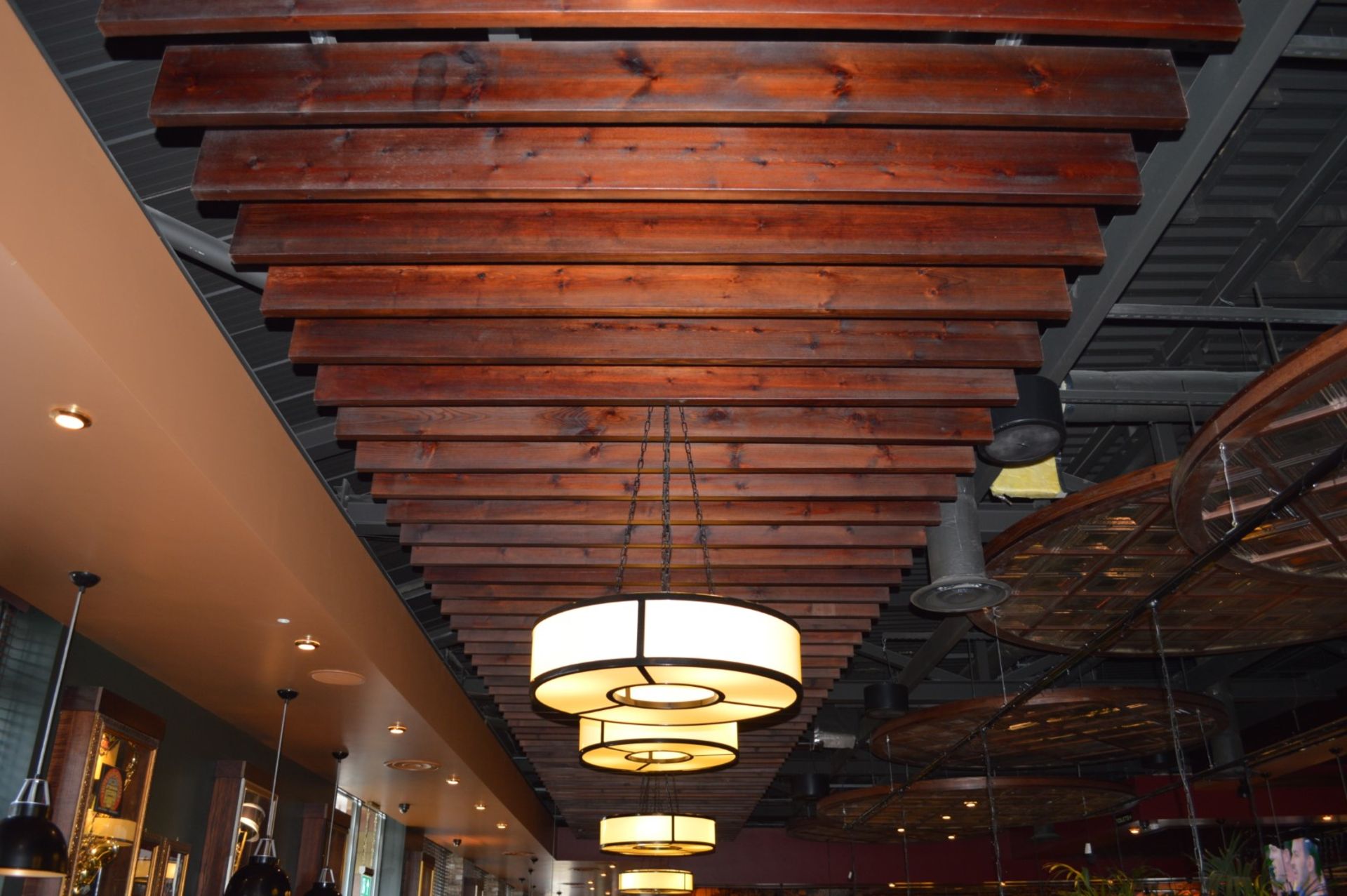 1 x Bespoke Stained Wood Ceiling Feature - Wooden Beams With Steel Mounting Bracket - Approx 40ft in