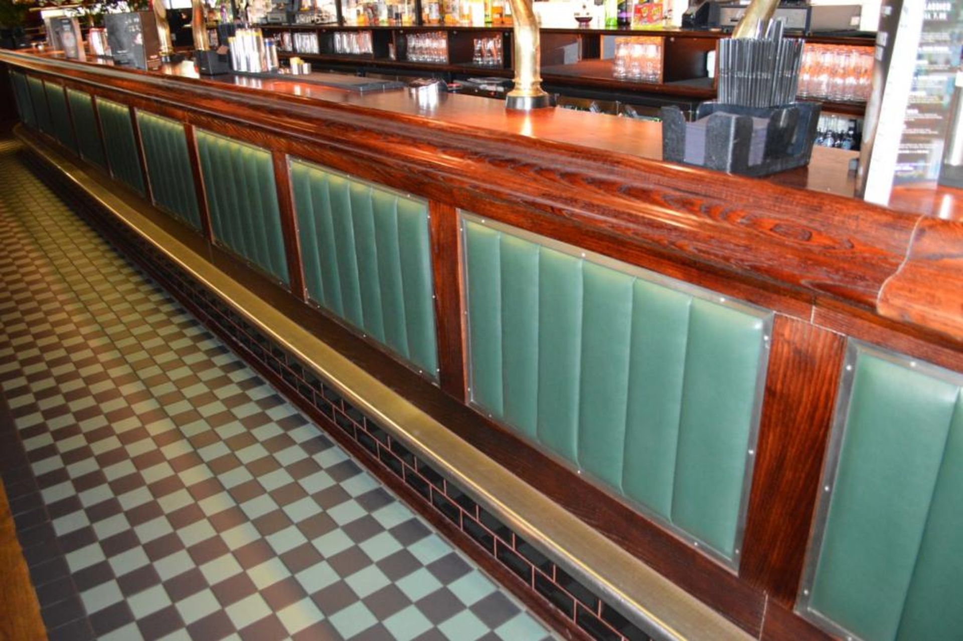 1 x Huge 50ft Pub / Restaurant Bar With Mahogany Finish and Green Leather Panels - Includes - Image 7 of 24