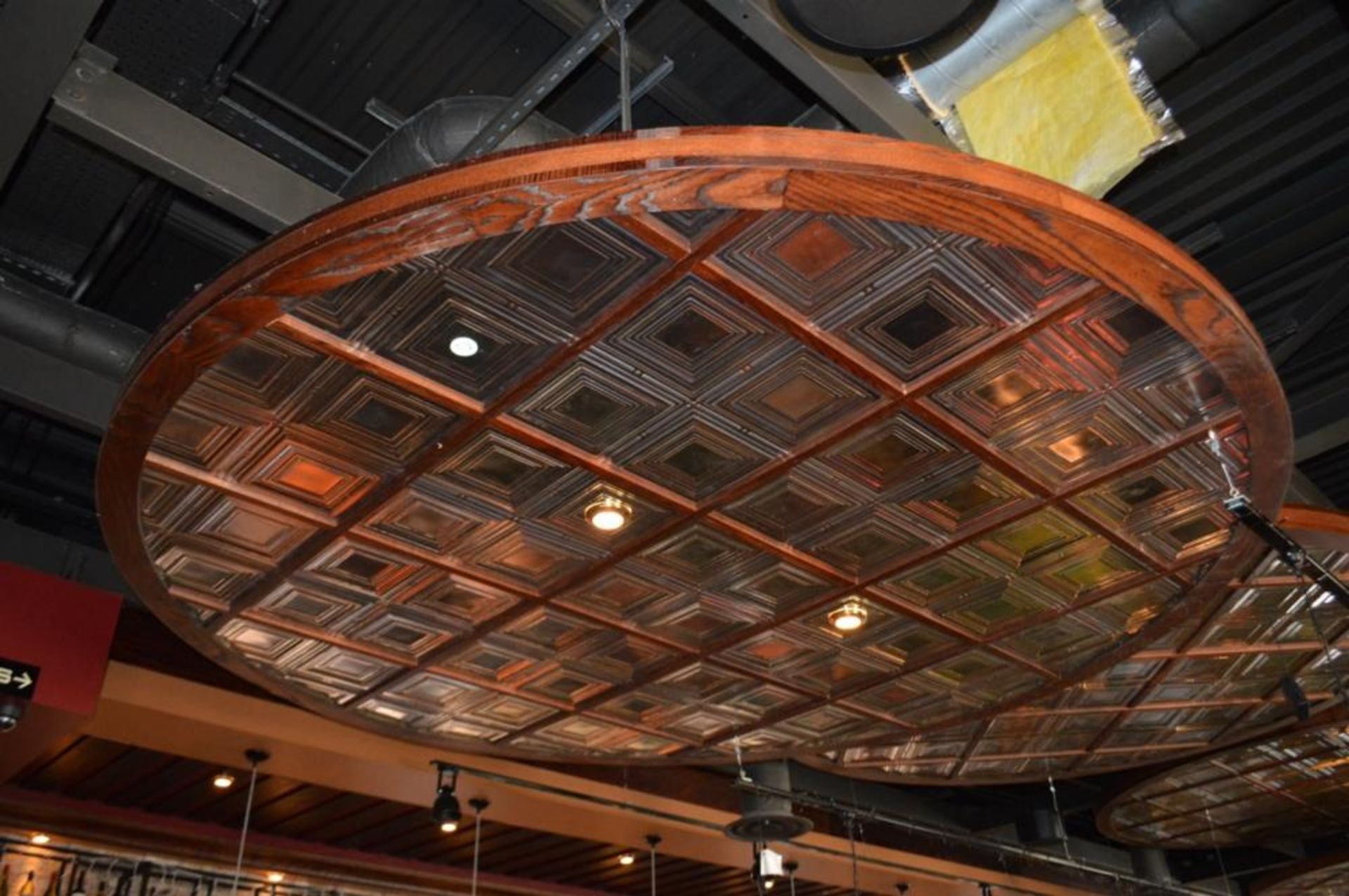 3 x Bespoke Suspended Round Ceiling Panels in Dark Wood With Glass Inserts - Approx 3 Meter Diameter