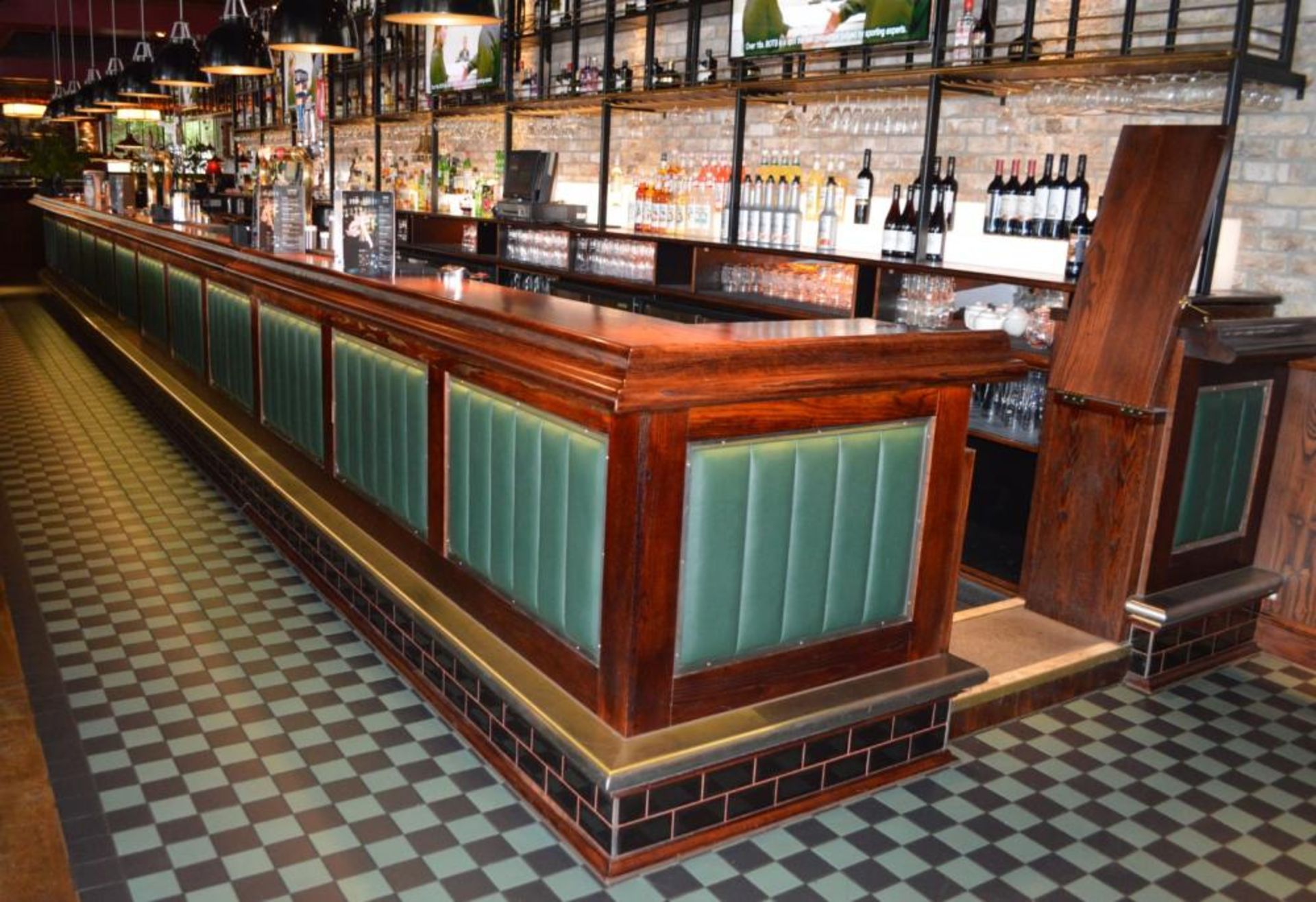 1 x Huge 50ft Pub / Restaurant Bar With Mahogany Finish and Green Leather Panels - Includes - Image 2 of 24