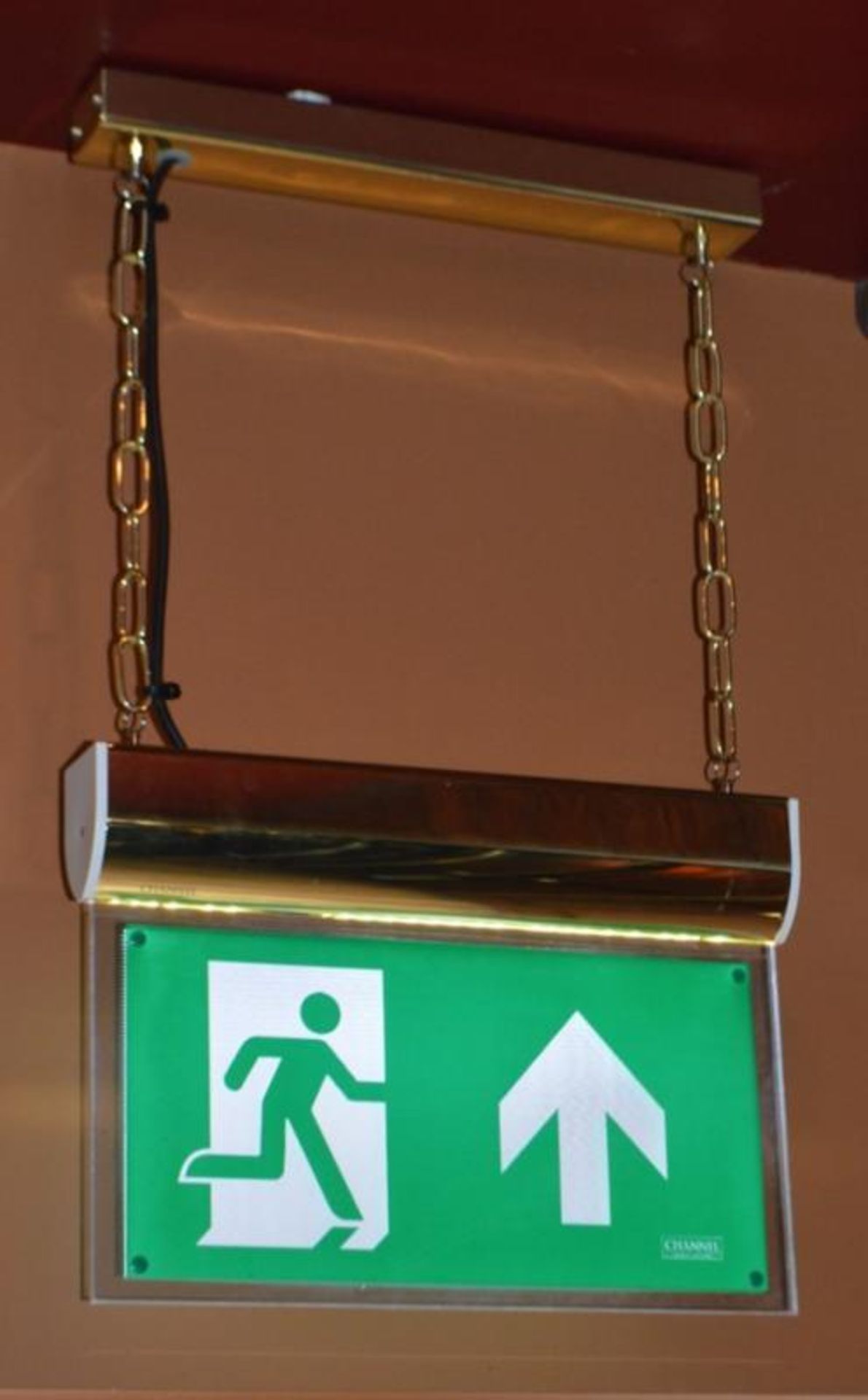 3 x Brass Illuminated Fire Exit Signs - Ceiling Mounted - CL390 - Location: Sheffield S9This lot