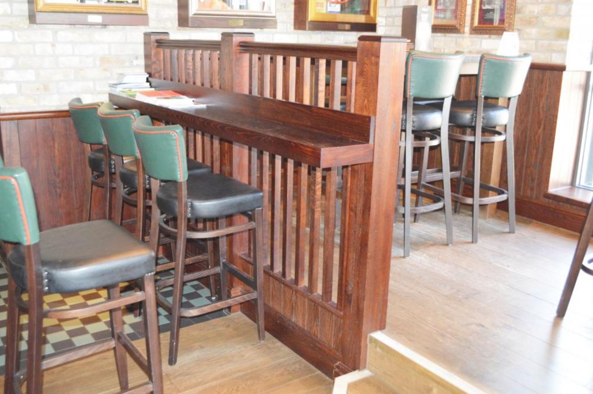 2 x Post Rail Dividers With Seating Bench and Brass Hand Rail - Mahogany Finish - H117 x W141cms