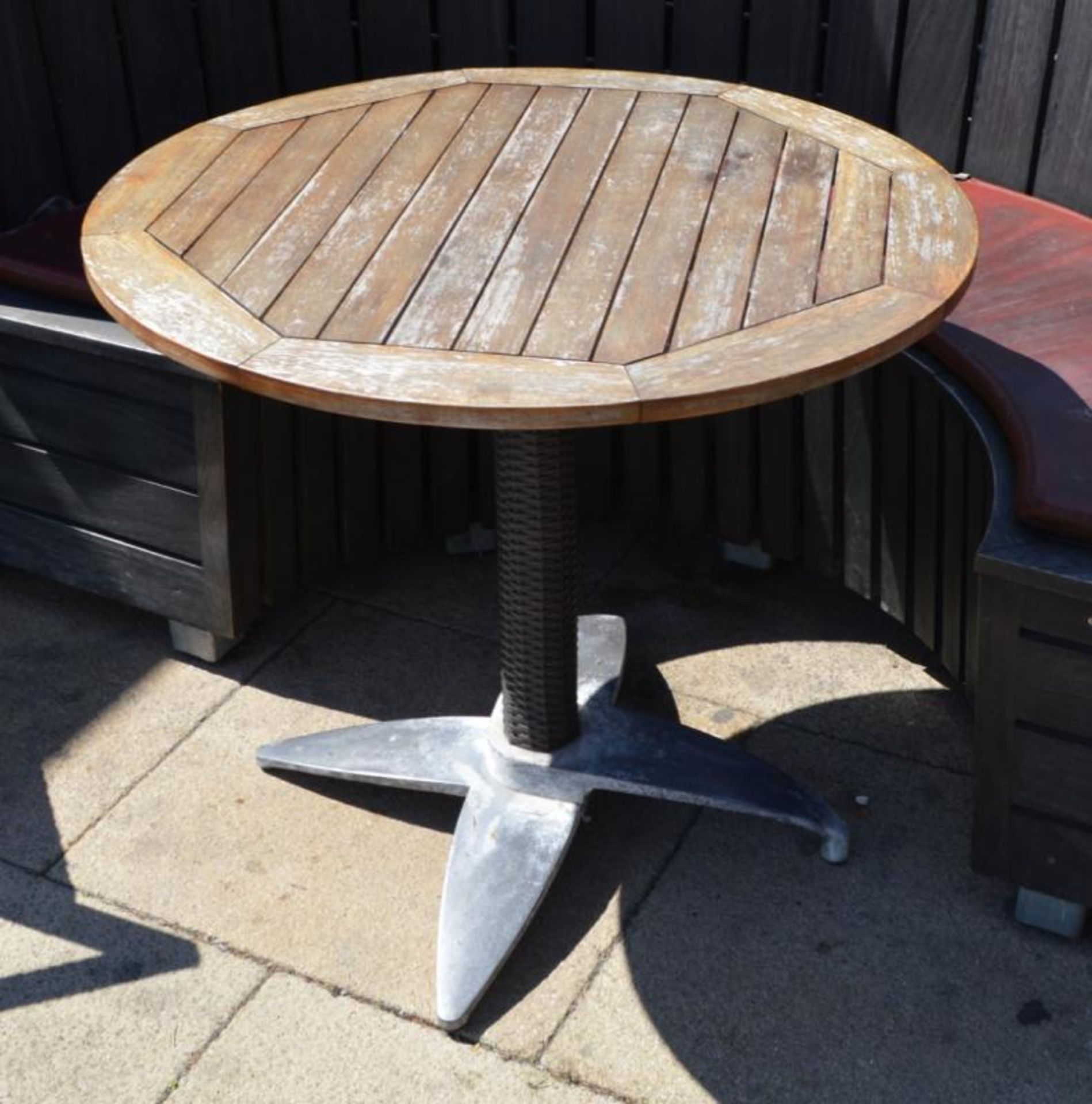 4 x Bistro Restaurant Garden Tables With 80cm Round Wooden Tops and Metal Bases - H72 x W80 cms - - Image 2 of 2