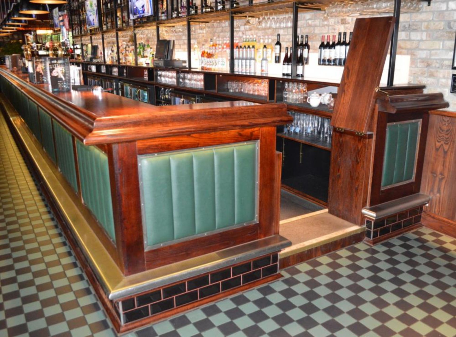 1 x Huge 50ft Pub / Restaurant Bar With Mahogany Finish and Green Leather Panels - Includes - Image 4 of 24