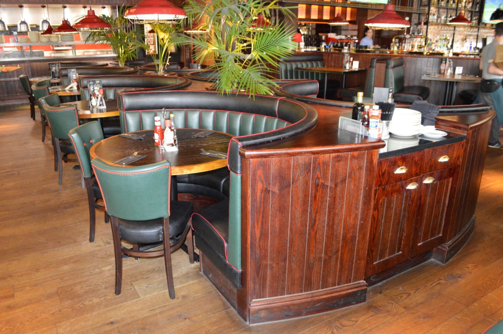 8 x Contemporary Half Circle Seating Booths Waitress Point and Wood Paneling - Features a Leather