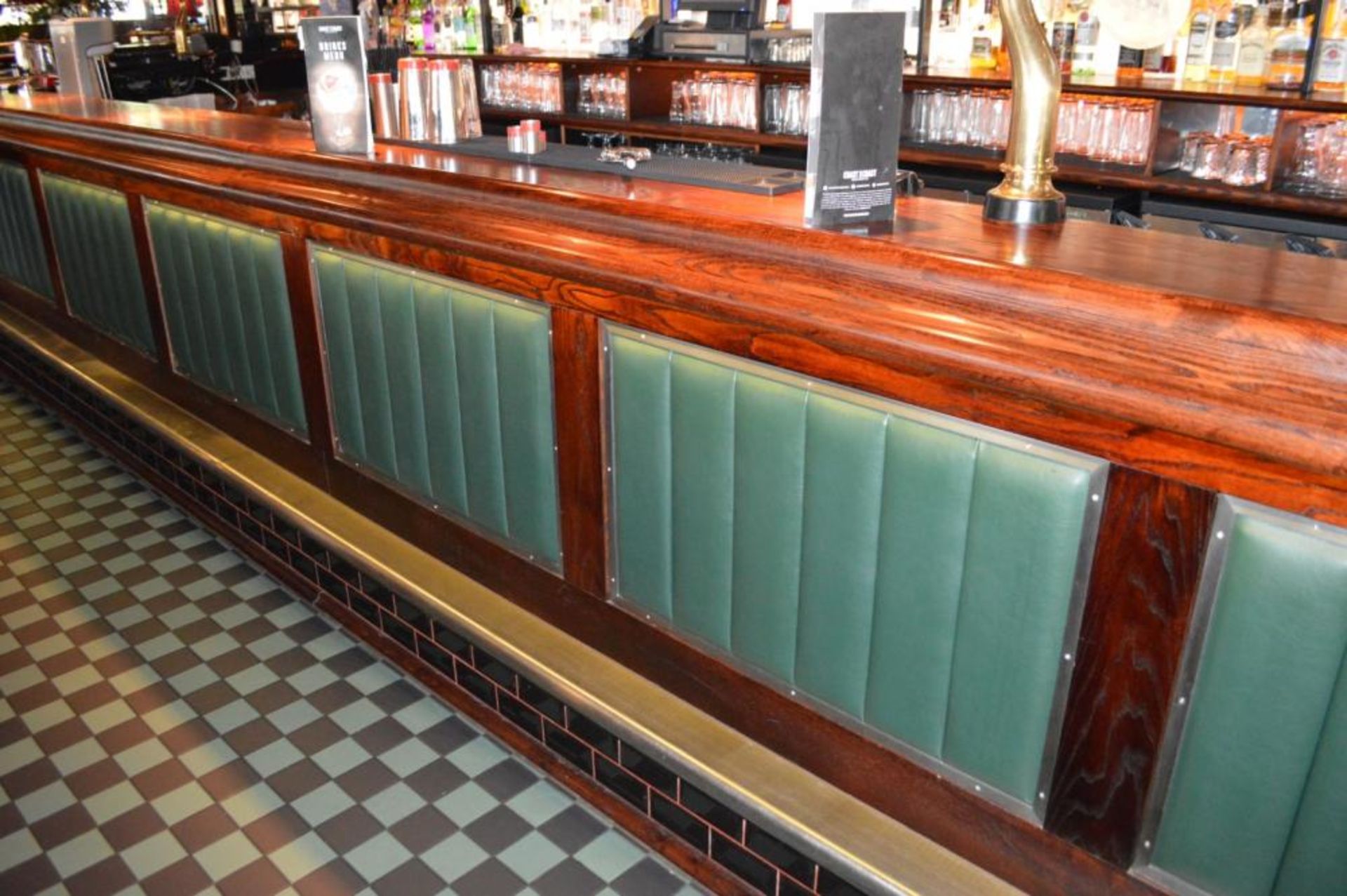 1 x Huge 50ft Pub / Restaurant Bar With Mahogany Finish and Green Leather Panels - Includes - Image 9 of 24