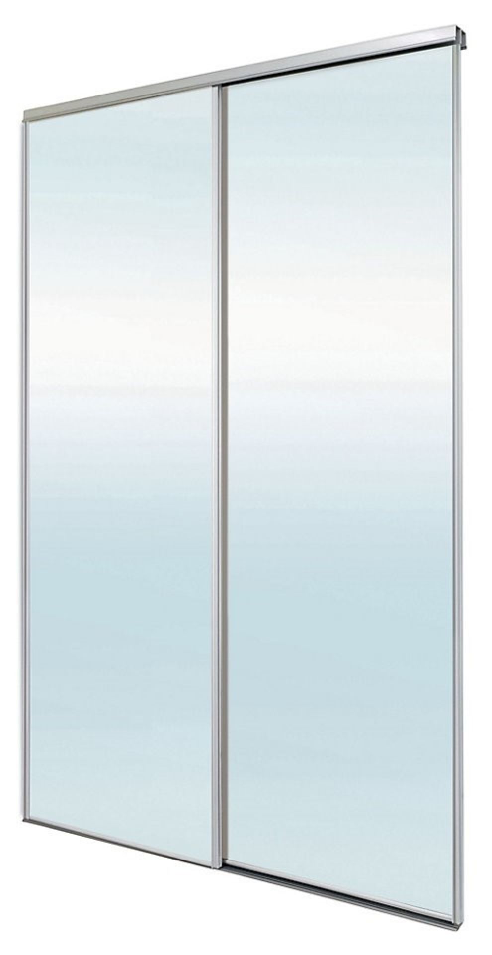 1 x BLIZZ Pack of 2 Silver Mirror Sliding Wardrobe Doors With Grey Lacquered Steel Track Sets and Pr