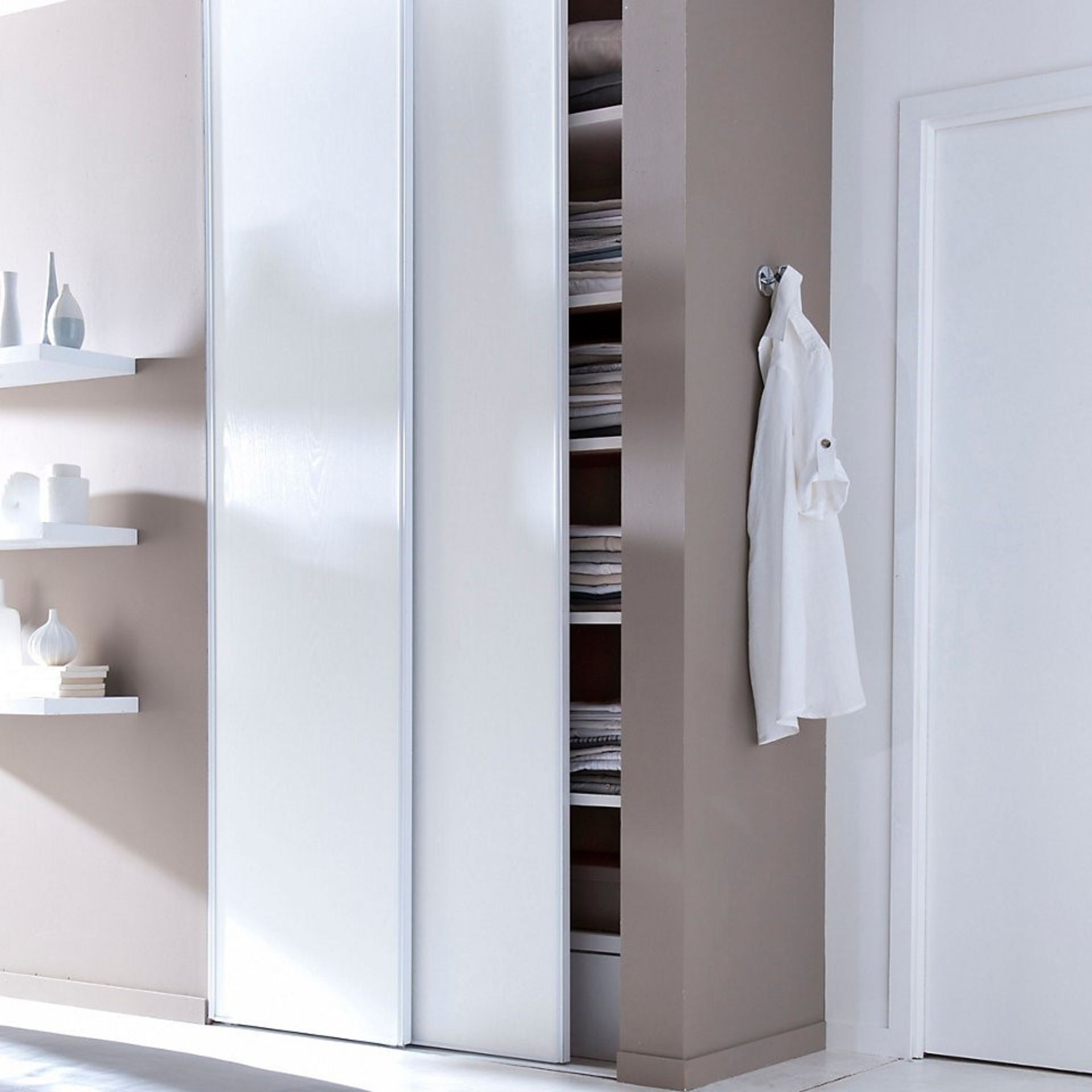 1 x BLIZZ Pack of 2 Sliding Wardrobe Doors In White Decorative Panel With White Lacquered Steel Trac