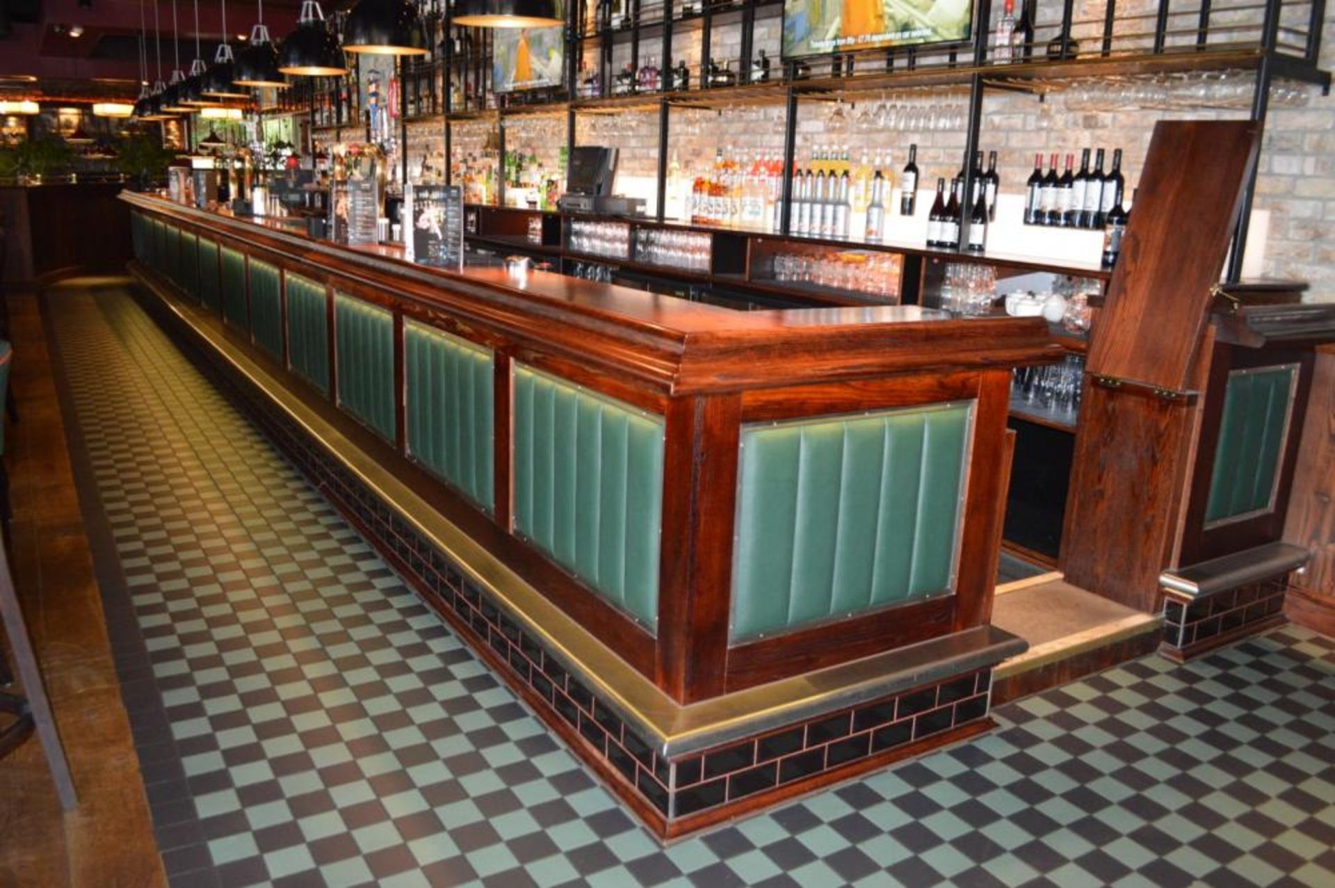 1 x Huge 50ft Pub / Restaurant Bar With Mahogany Finish and Green Leather Panels - Includes - Image 3 of 24