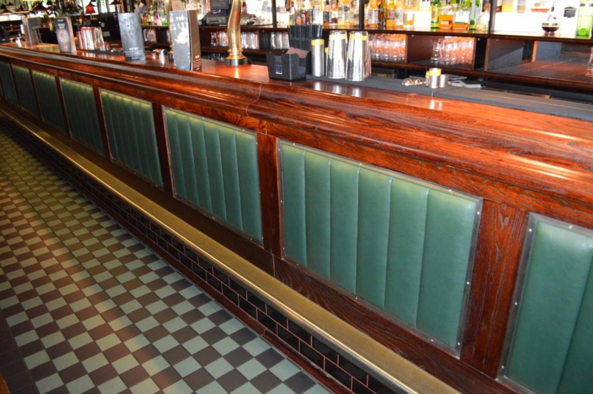 1 x Huge 50ft Pub / Restaurant Bar With Mahogany Finish and Green Leather Panels - Includes - Image 8 of 24