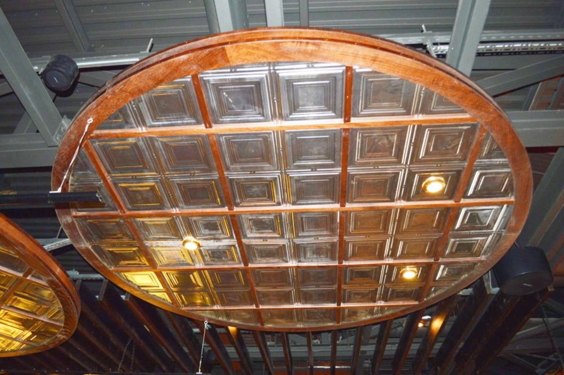 3 x Bespoke Suspended Round Ceiling Panels in Dark Wood With Glass Inserts - Approx 3 Meter Diameter - Image 2 of 6