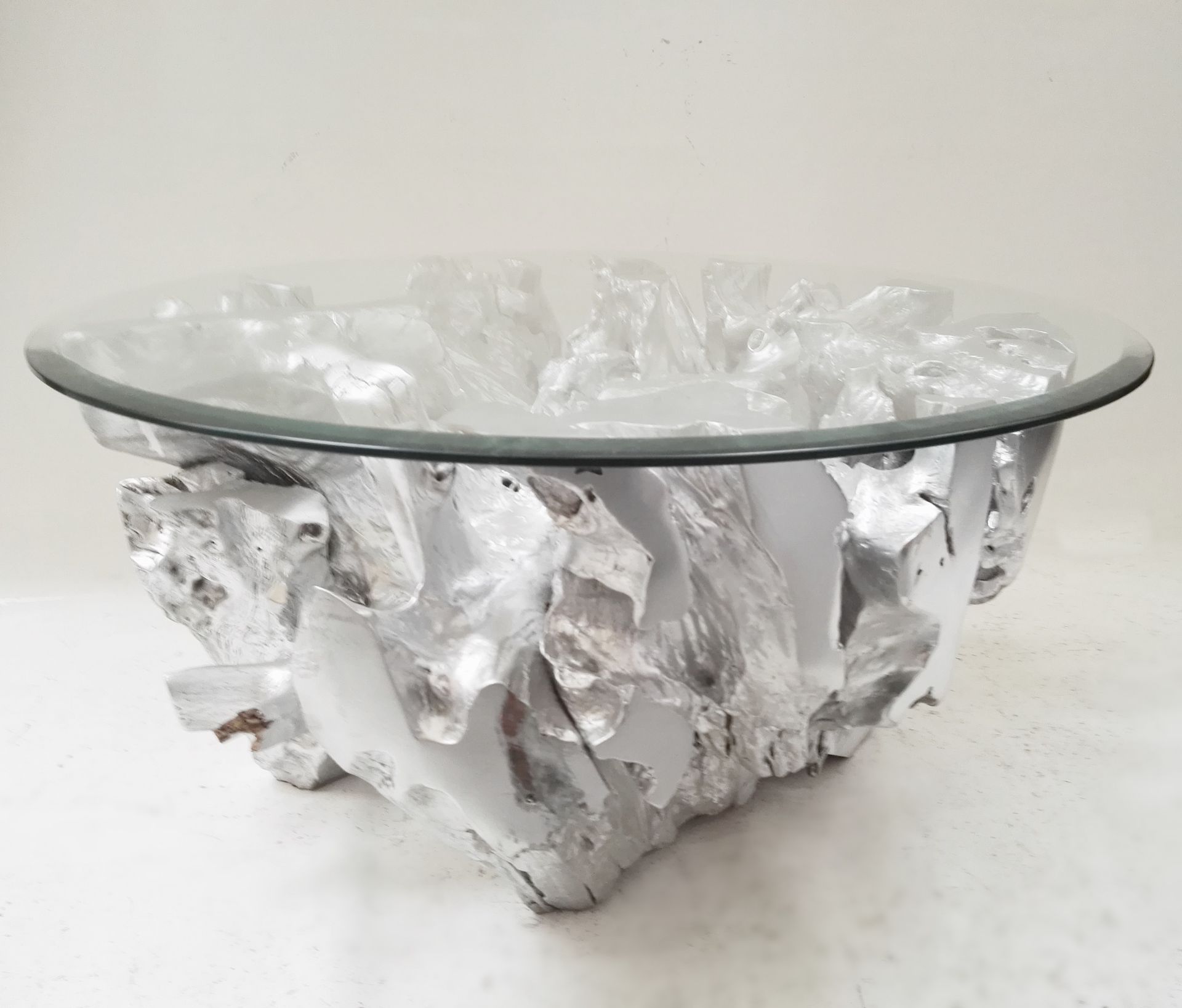 1 x Unique Reclaimed Solid Tree Root Coffee Table In SILVER With A Tempered Glass Top