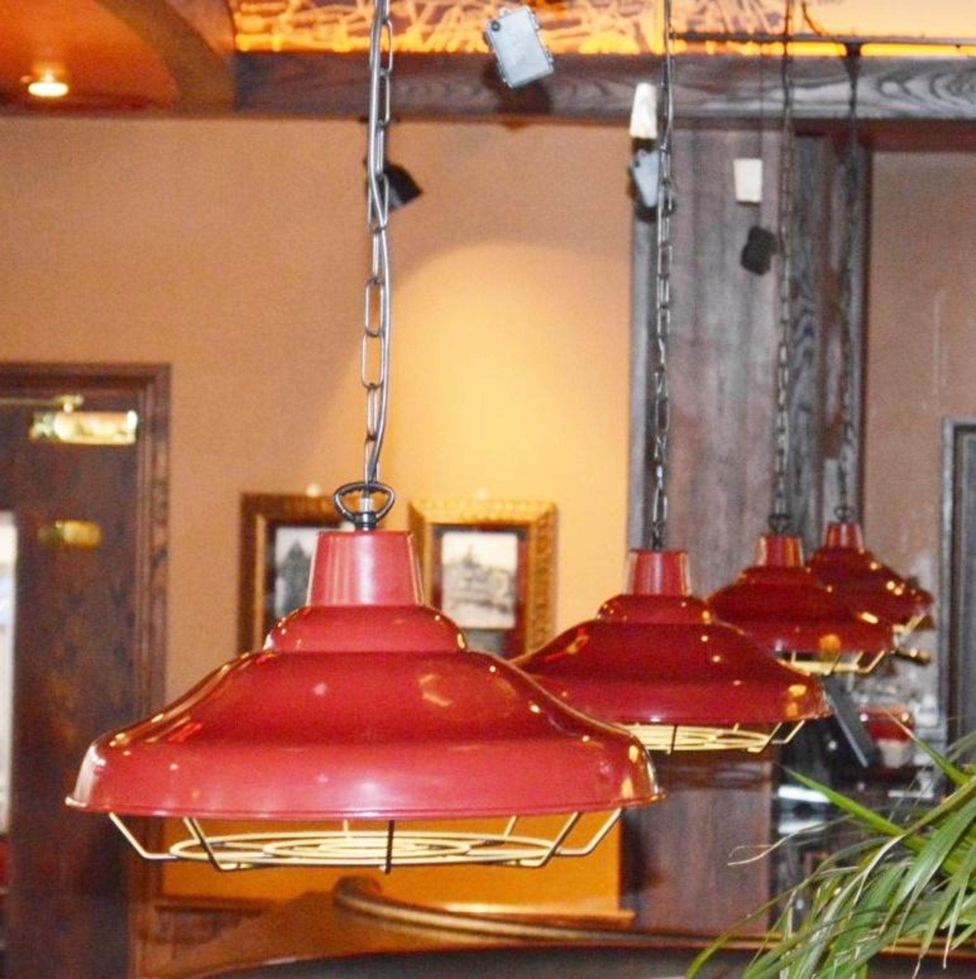 4 x Red Industrial Style Pendant Light Fittings With Black Chain and Cage - Manufactured by Northern