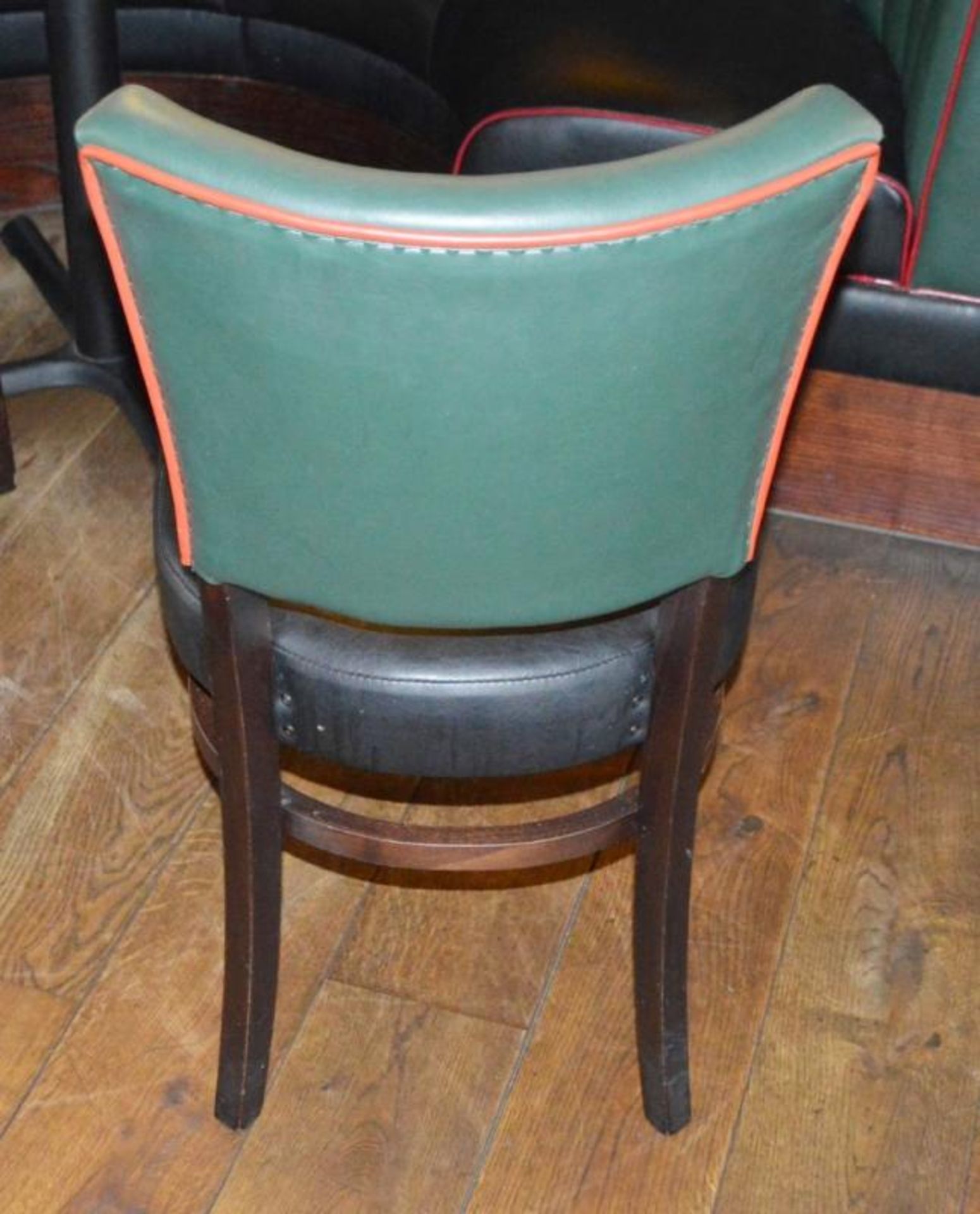 9 x Contemporary Button Back Restaurant Dining Chairs - Upholstered in a Quality Green and Black - Image 4 of 5