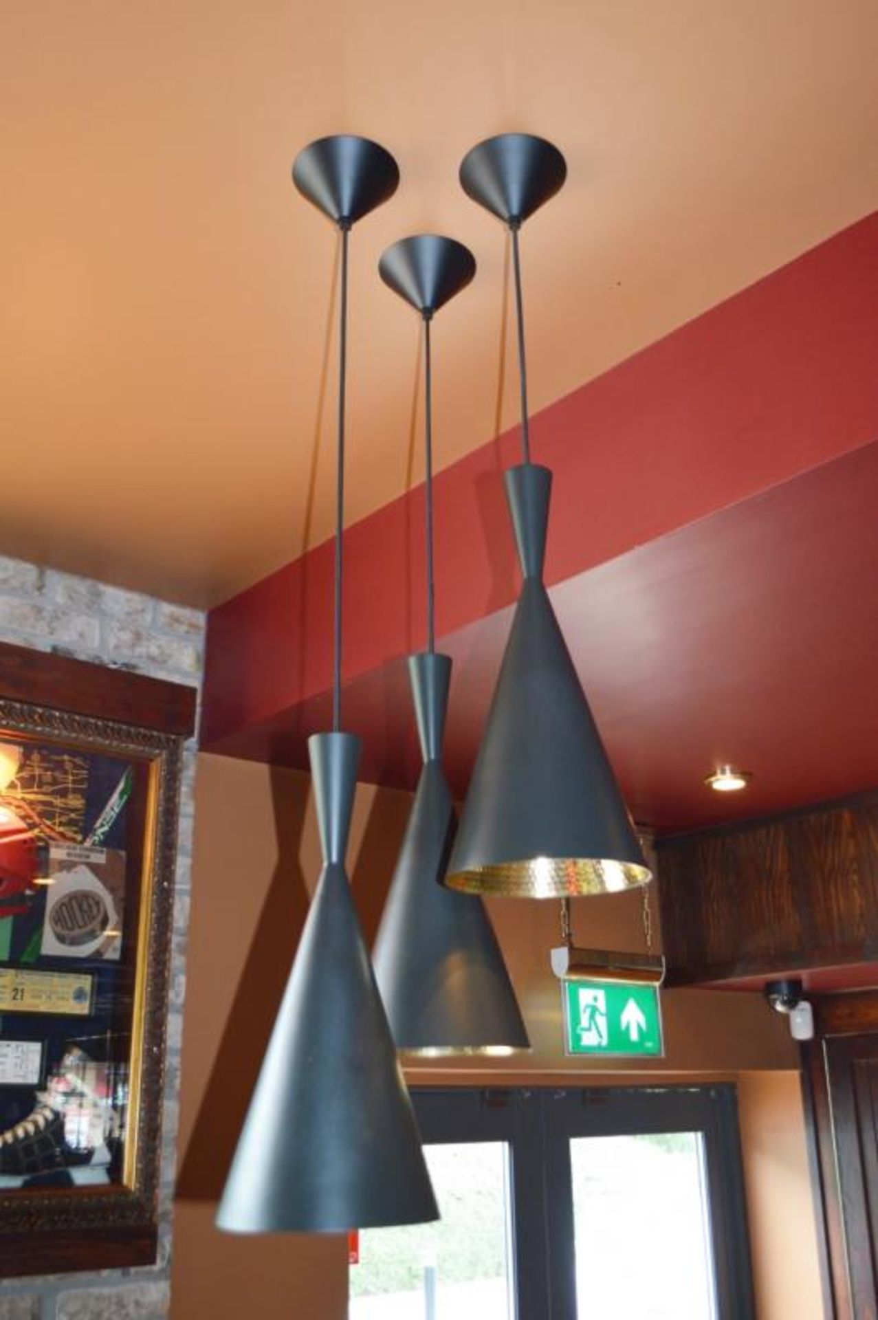 5 x Triple Pendant Light Fittings in Black With Pitted Brass Interior - Max Drop Appox 110 cms x - Image 2 of 4