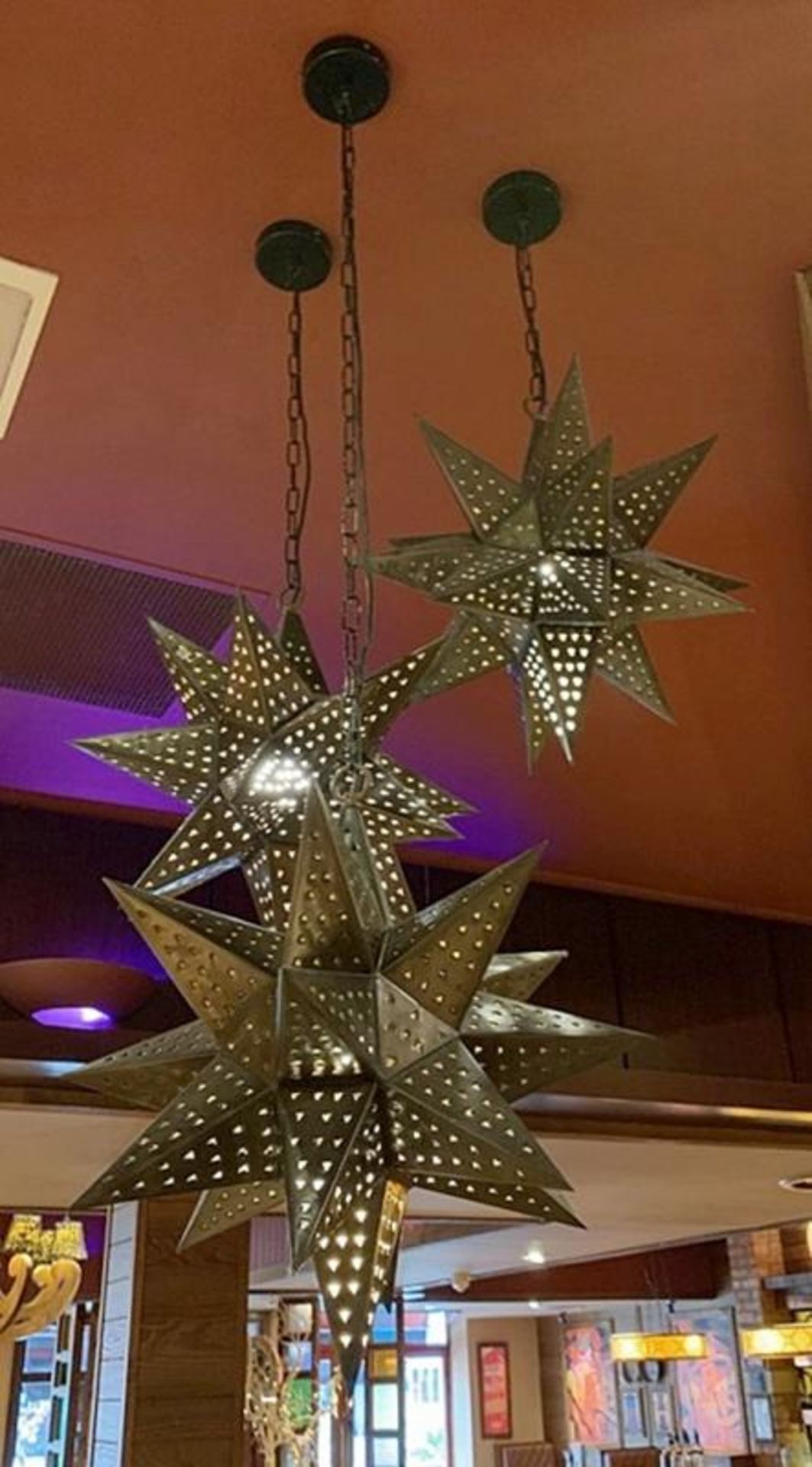 3 x Artisan Perforated Metal Star Shaped Pendant Light Fittings - Approx Dimensions: 80cm Drop x