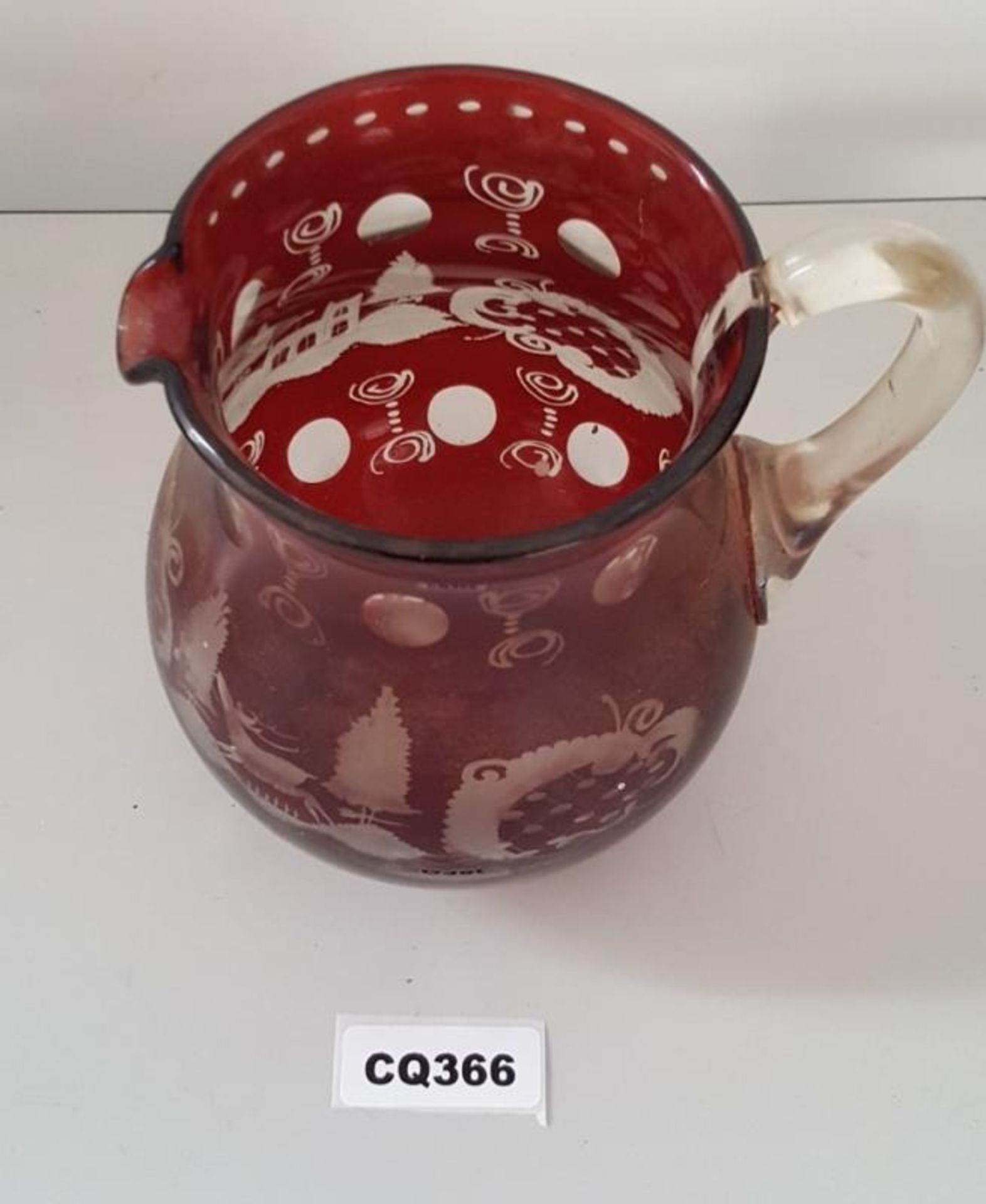 1 x Egermann Antique Glass Pitcher In Ruby Red With Clear Handle - Ref CQ366 E - Dimensions: H19/L17 - Image 2 of 4