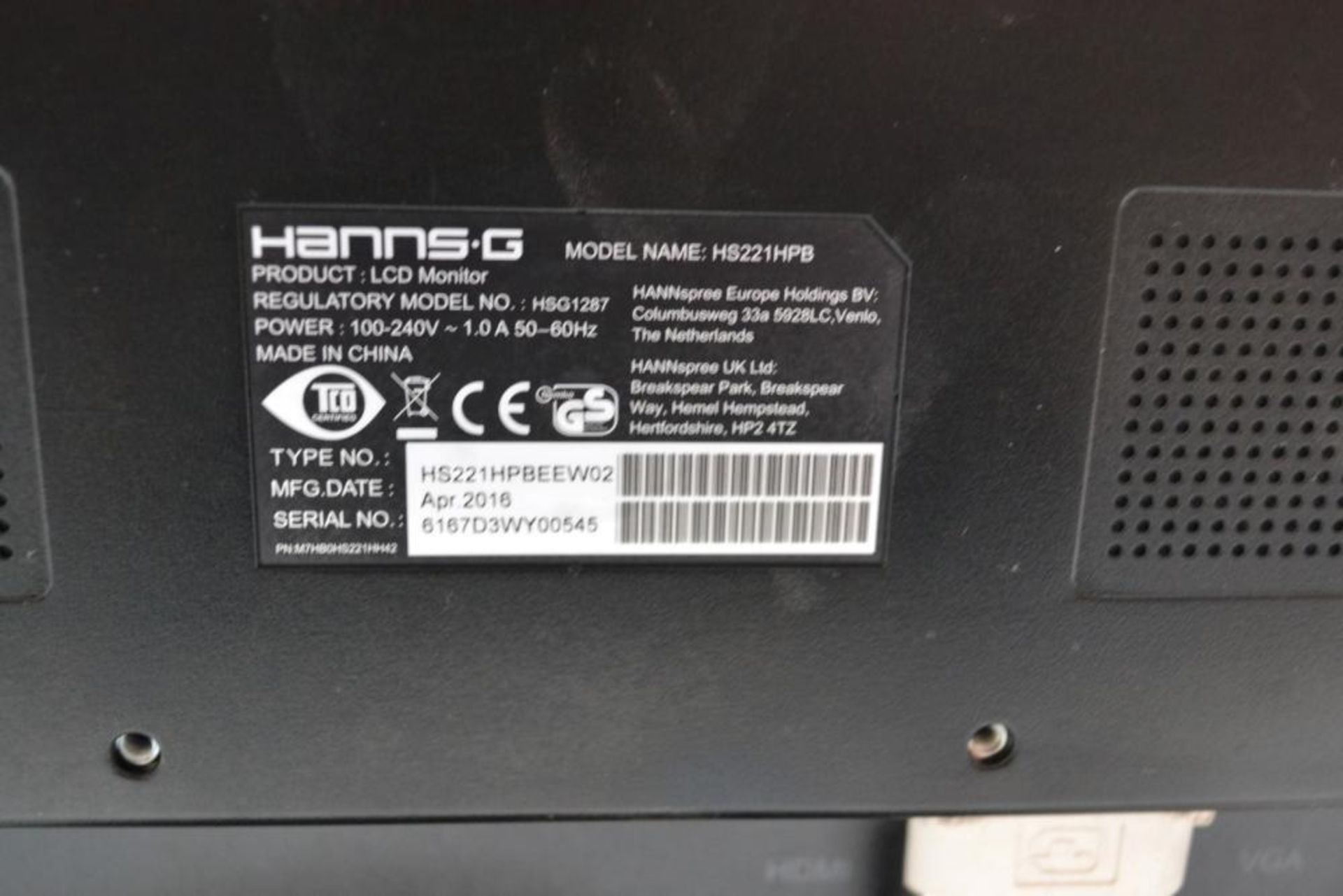 1 x HannsG HS221HPB 21.5" LED IPS DVI HDMI PC Monitor - Ref J2249 - CL394 - Location: Altrincham WA1 - Image 2 of 3