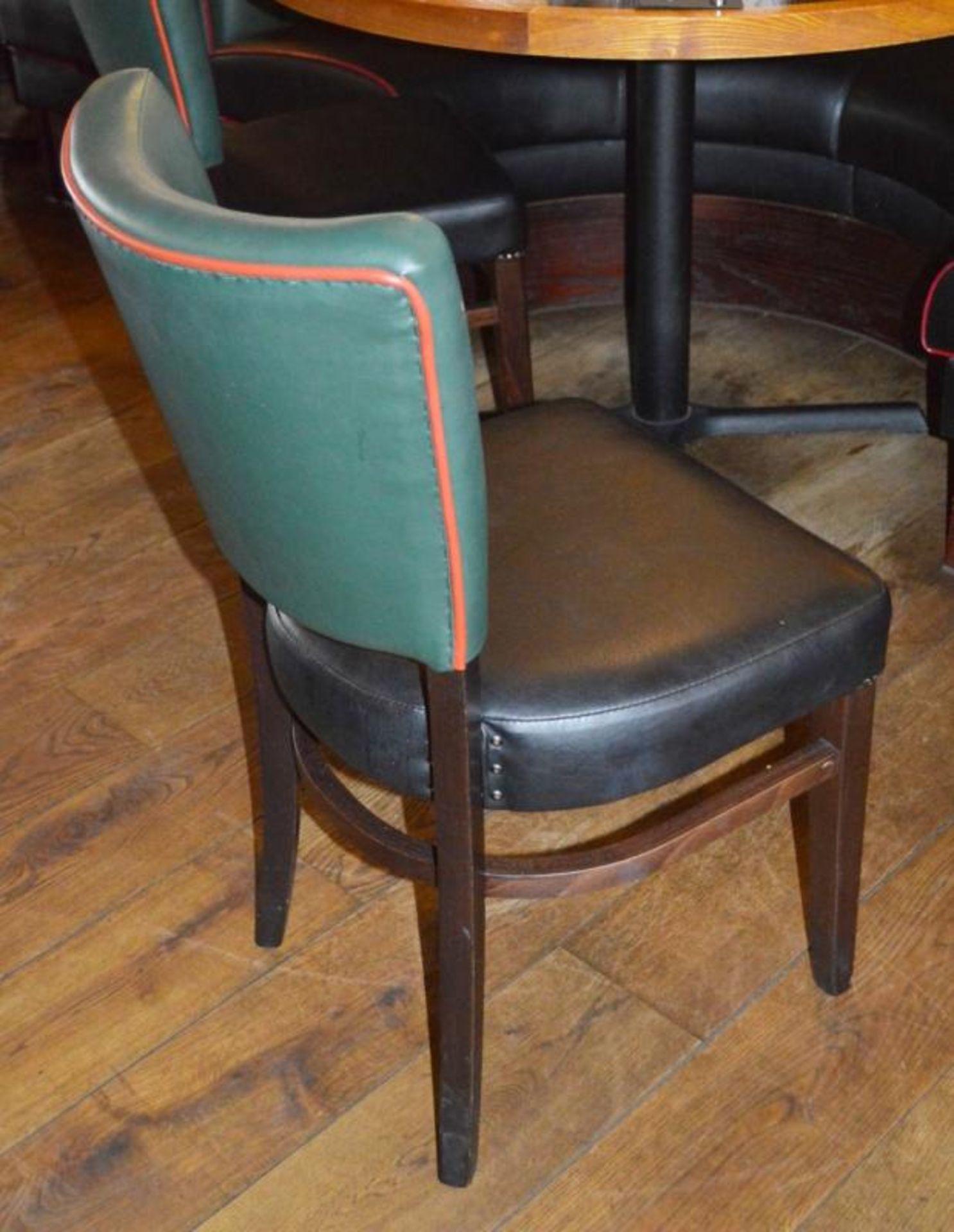 9 x Contemporary Button Back Restaurant Dining Chairs - Upholstered in a Quality Green and Black - Image 5 of 5