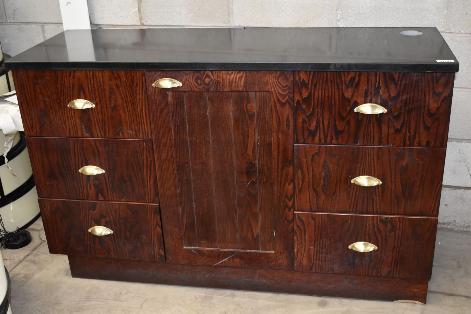 1 x Waitress Server Counter With Dark Wood Finish, Brass Hardware and Stone Top - H96 x W150 x D52