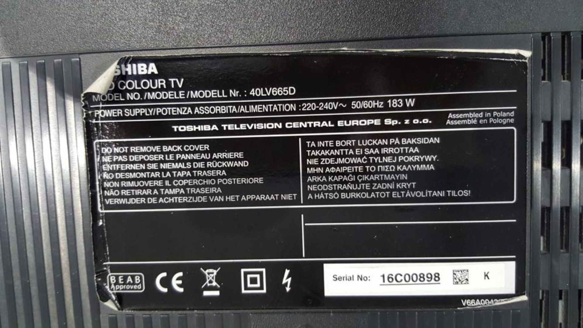 1 x Toshiba 40LV665D Digital Freeview 40" Full HD 1080p LCD TV (Working &amp; Tested)No Stand&amp; N - Image 2 of 3