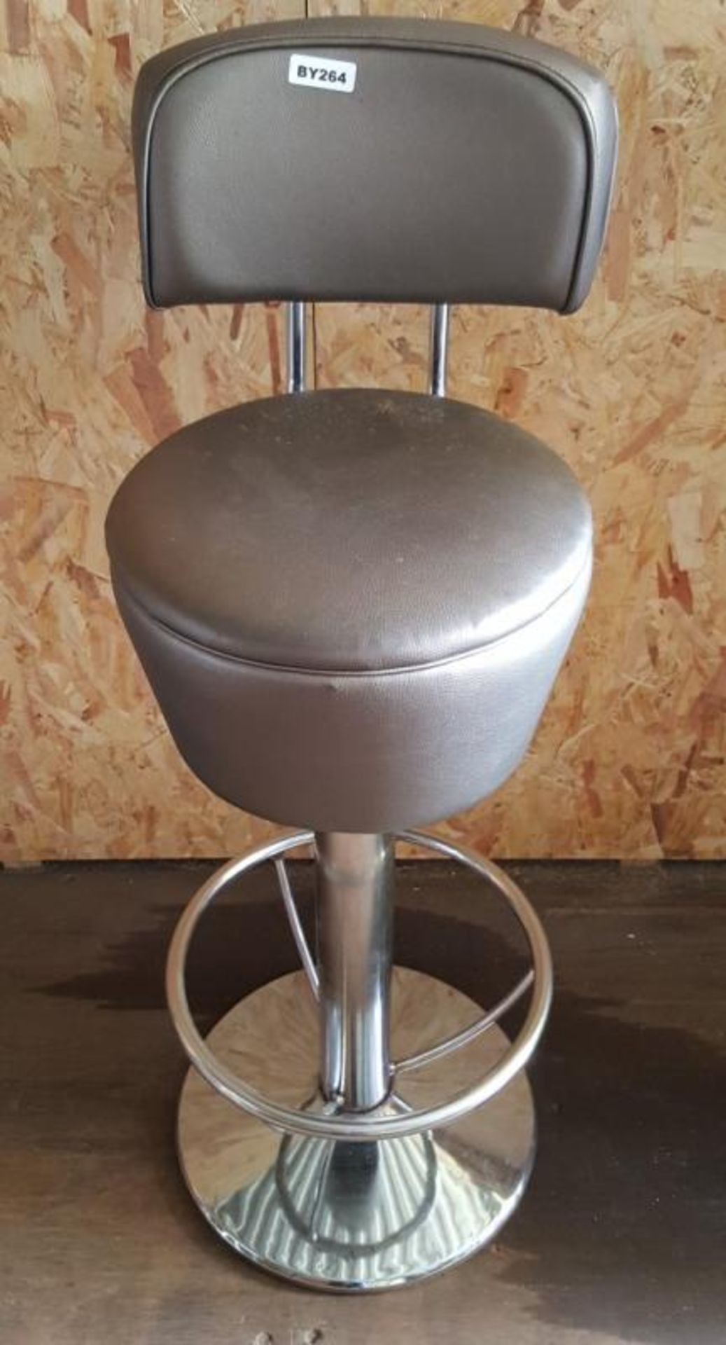 A Set Of 3 Bespoke Chrome Based Bar Stools With Dark Sliver Faux Leather Seat &amp; Back - Ref BY264