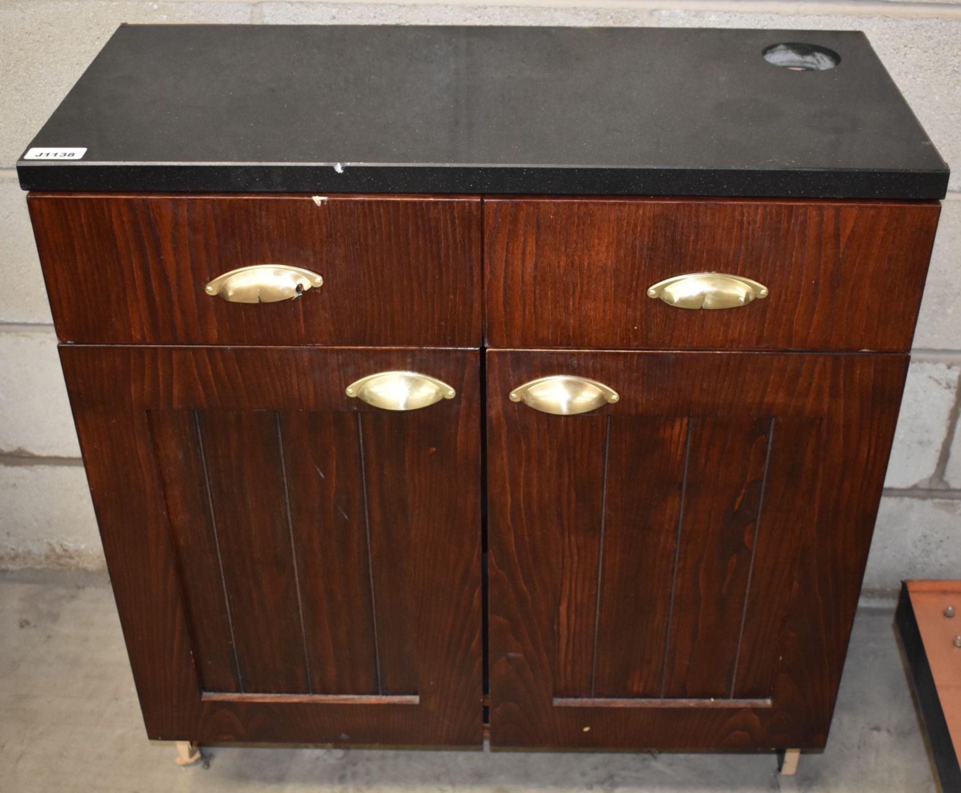 1 x Waitress Server Counter With Dark Wood Finish, Brass Hardware and Stone Top - H90 x W870 x D33