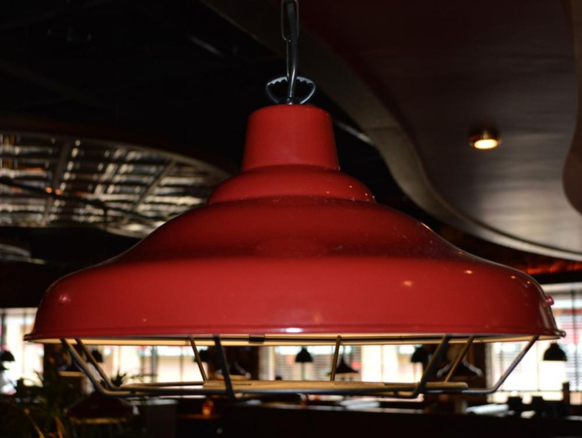 5 x Red Industrial Style Pendant Light Fittings With Black Chain and Cage - Manufactured by Northern - Image 6 of 7