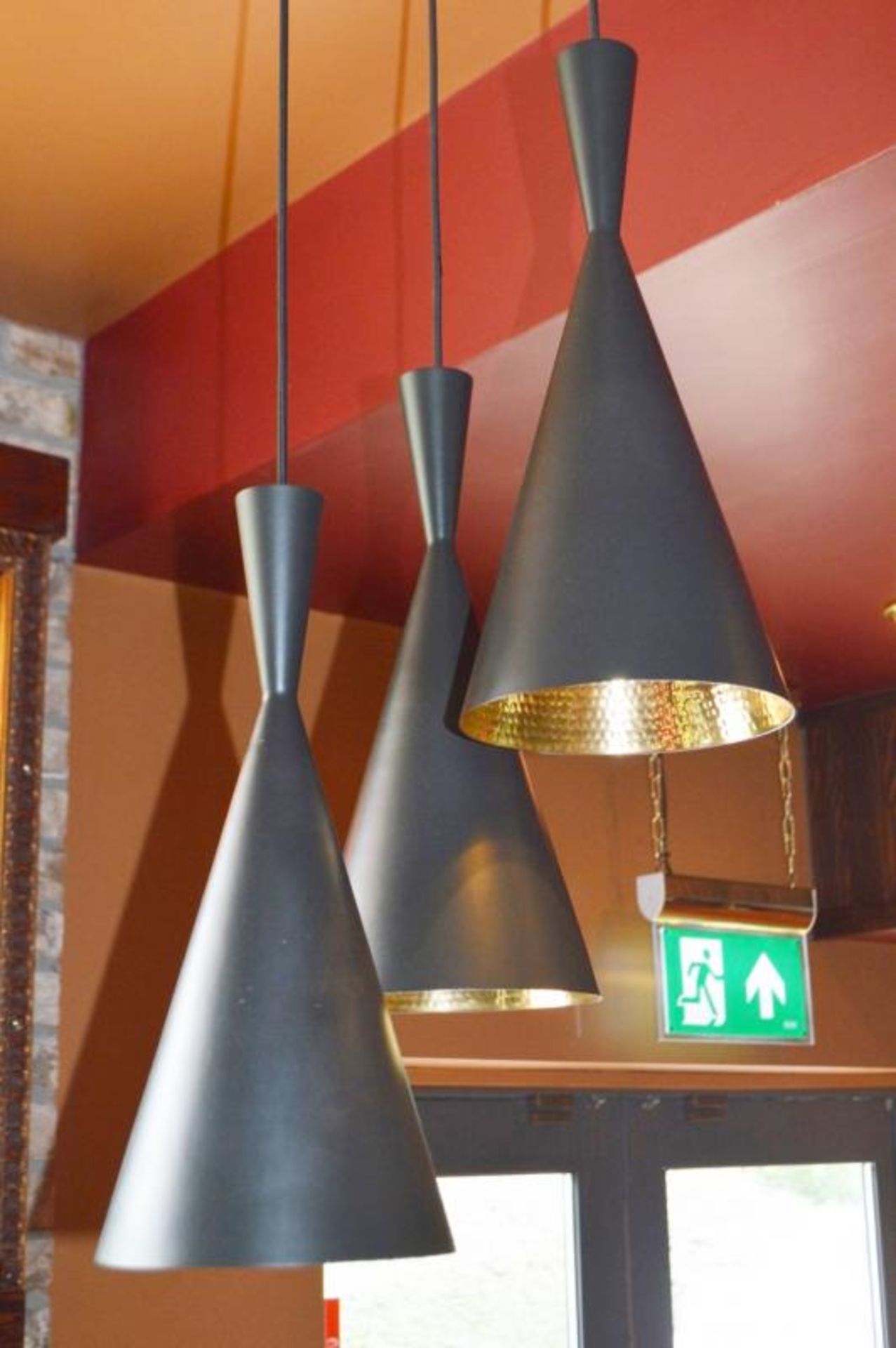 5 x Triple Pendant Light Fittings in Black With Pitted Brass Interior - Max Drop Appox 110 cms x - Image 3 of 4