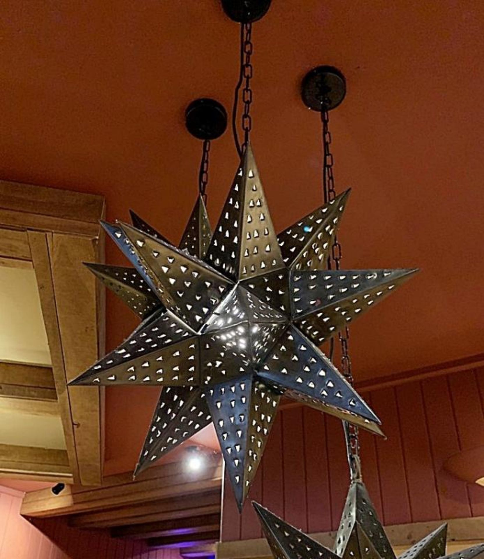 3 x Artisan Perforated Metal Star Shaped Pendant Light Fittings - Approx Dimensions: 80cm Drop x - Image 3 of 3