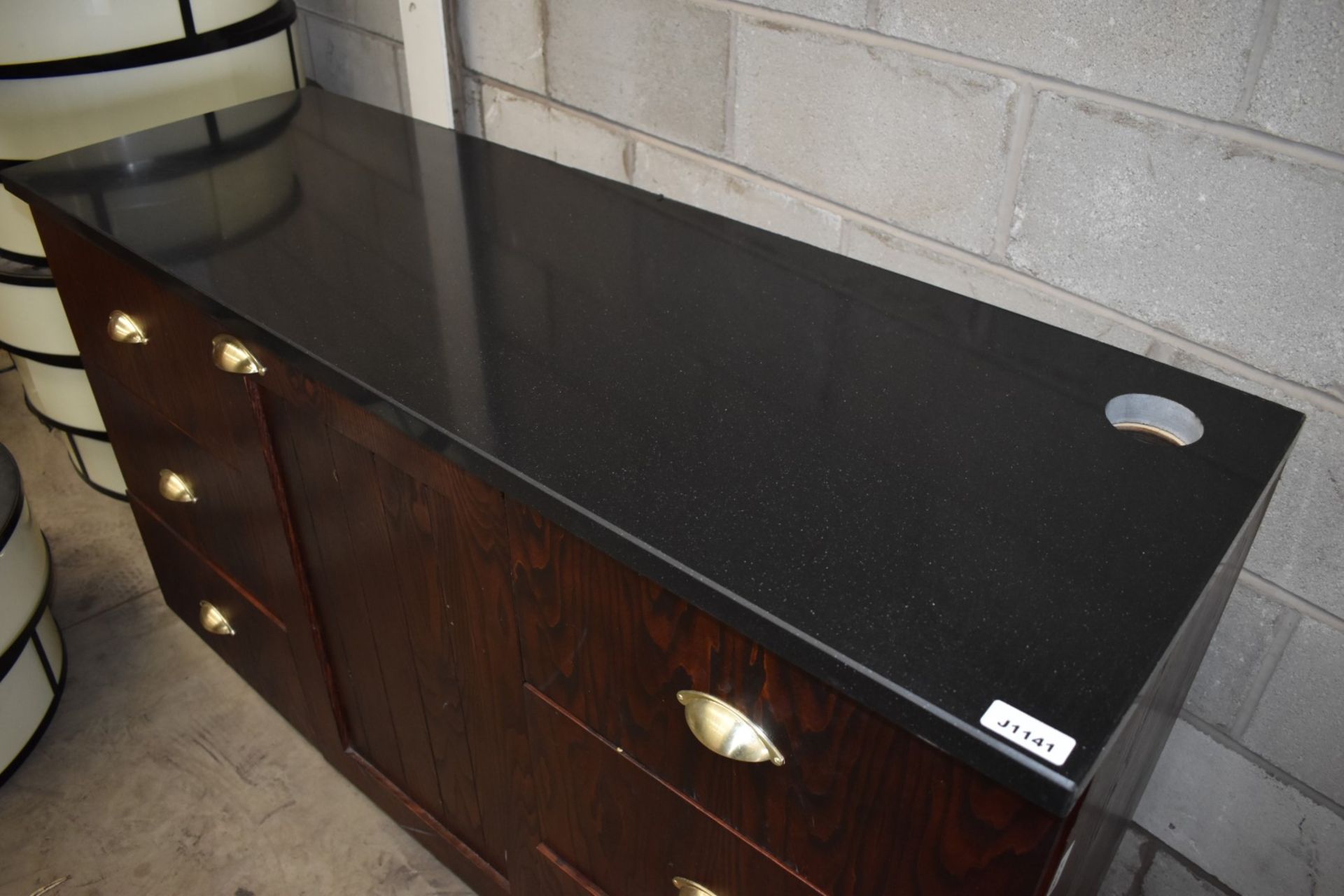 1 x Waitress Server Counter With Dark Wood Finish, Brass Hardware and Stone Top - H96 x W150 x D52 - Image 6 of 11