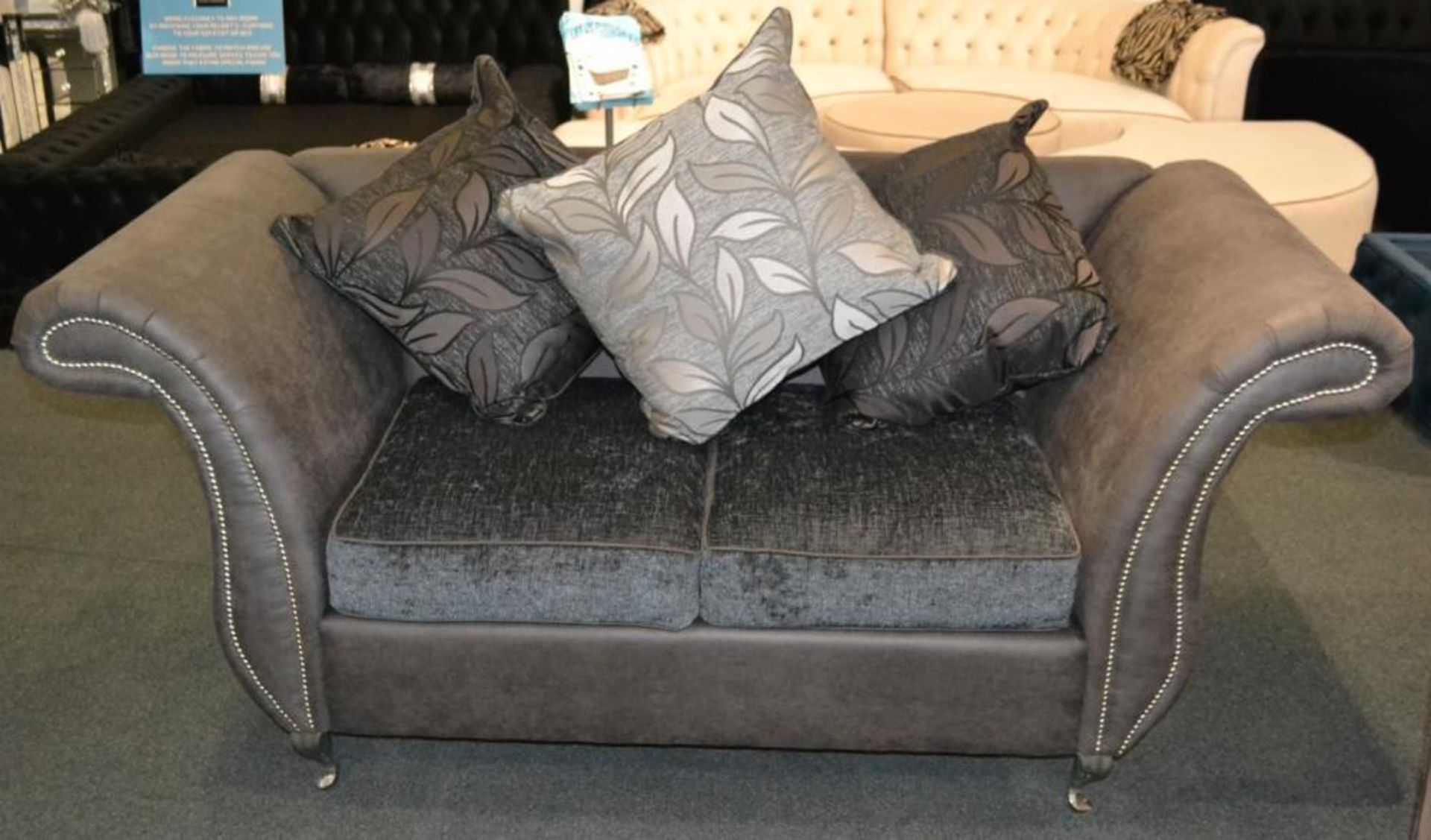 1 x Stylish Bespoke Double Seater Sofa. This sofa is covered in a soft dark grey leatherette with th - Image 2 of 5