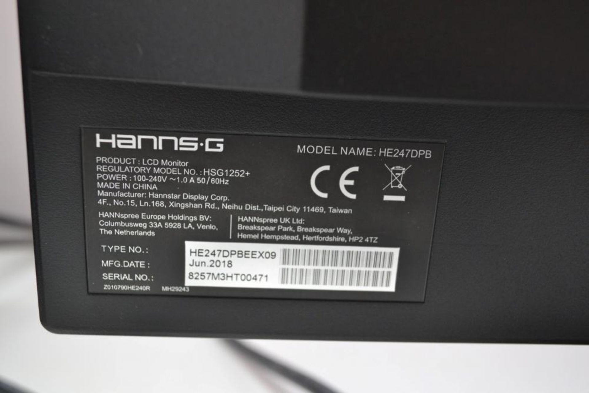 1 x HannsG HE247DPB 24" LED Full HD PC Monitor- Ref J2247 - CL394 - Location: Altrincham WA14 - HKP - Image 2 of 3