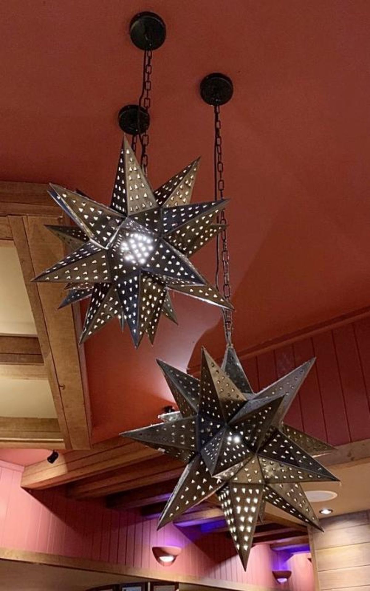 3 x Artisan Perforated Metal Star Shaped Pendant Light Fittings - Approx Dimensions: 80cm Drop x - Image 2 of 3