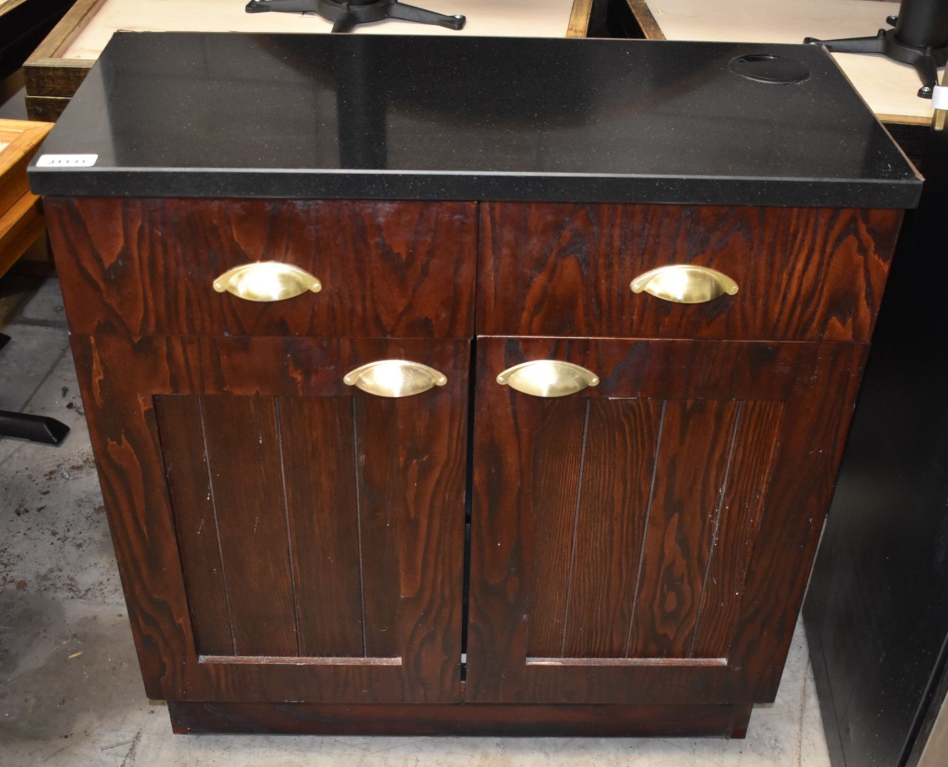 1 x Waitress Server Counter With Dark Wood Finish, Brass Hardware and Stone Top - H90 x W870 x D33